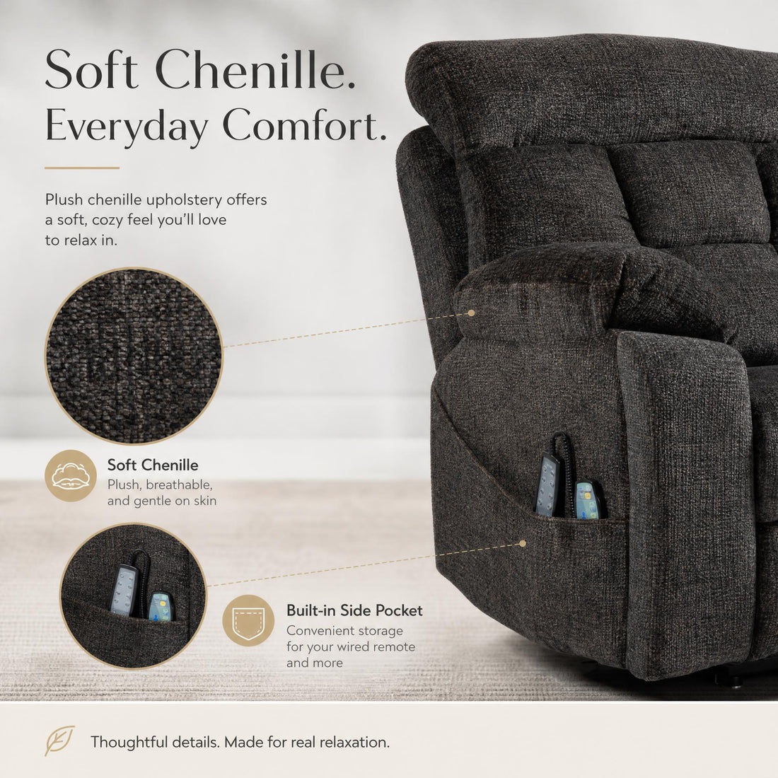 Chenille Upholstery and Side Pocket
