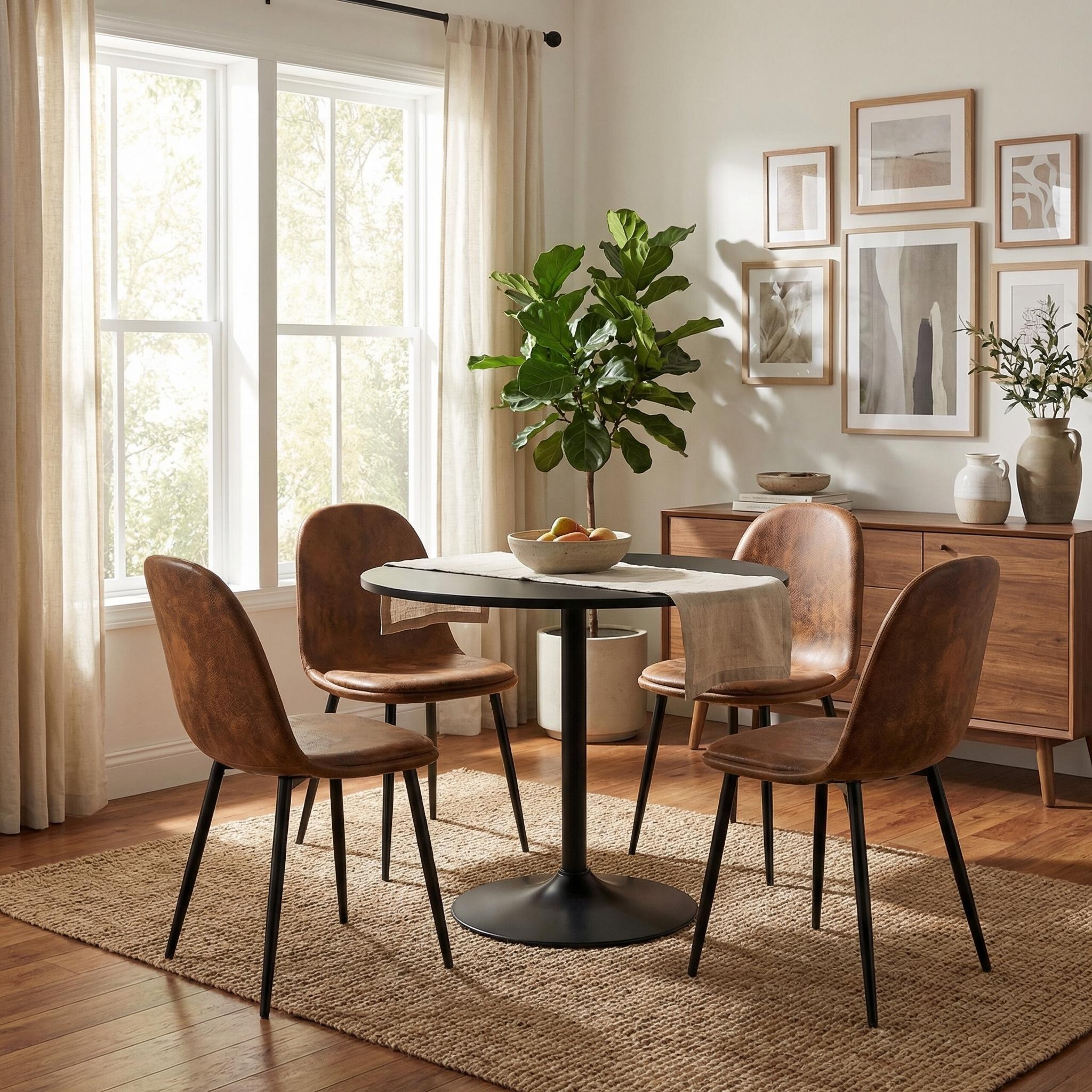 Homy Casa Clift 5PC Dining Set 31.5” Black Round Dining Table Set with 4 Sunflower Brown Suede Dining Chairs