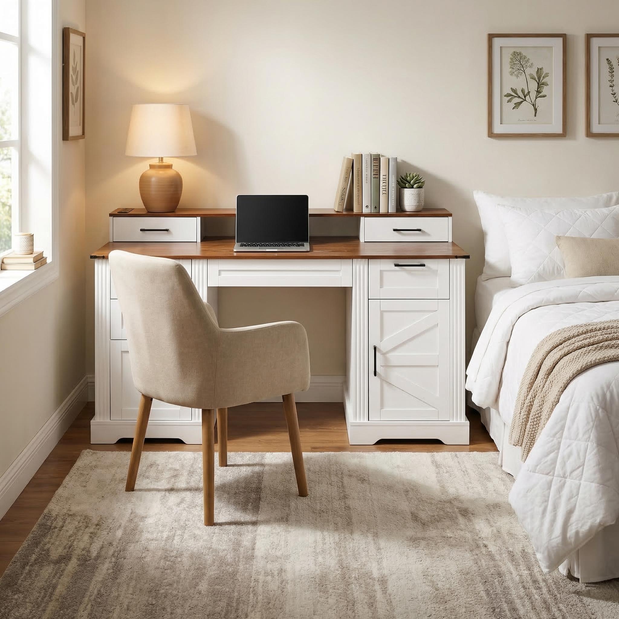 Kova 59" Farmhouse Office Desk with Storage Cabinets and Charging Station