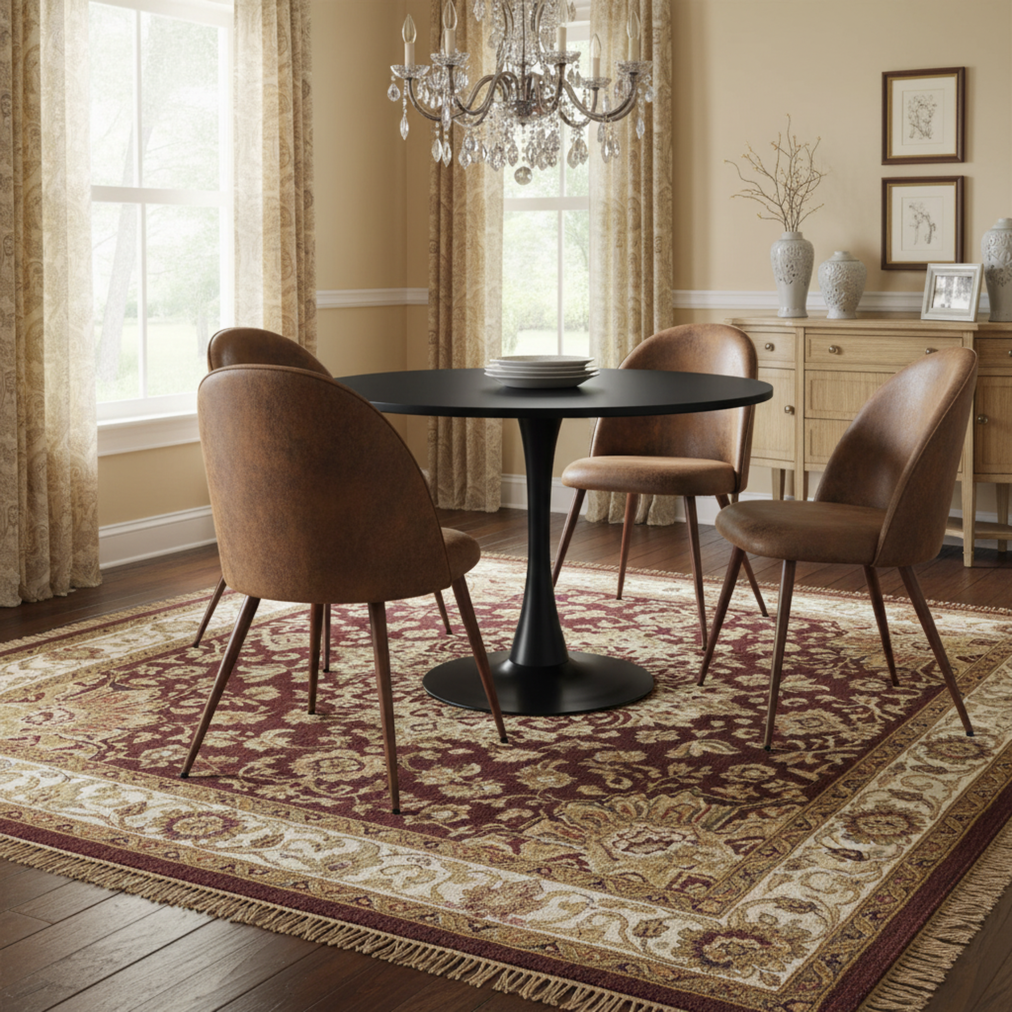 Clift 5 Piece Black Dining Table Set with 4 Haven Chairs, Suede Brown