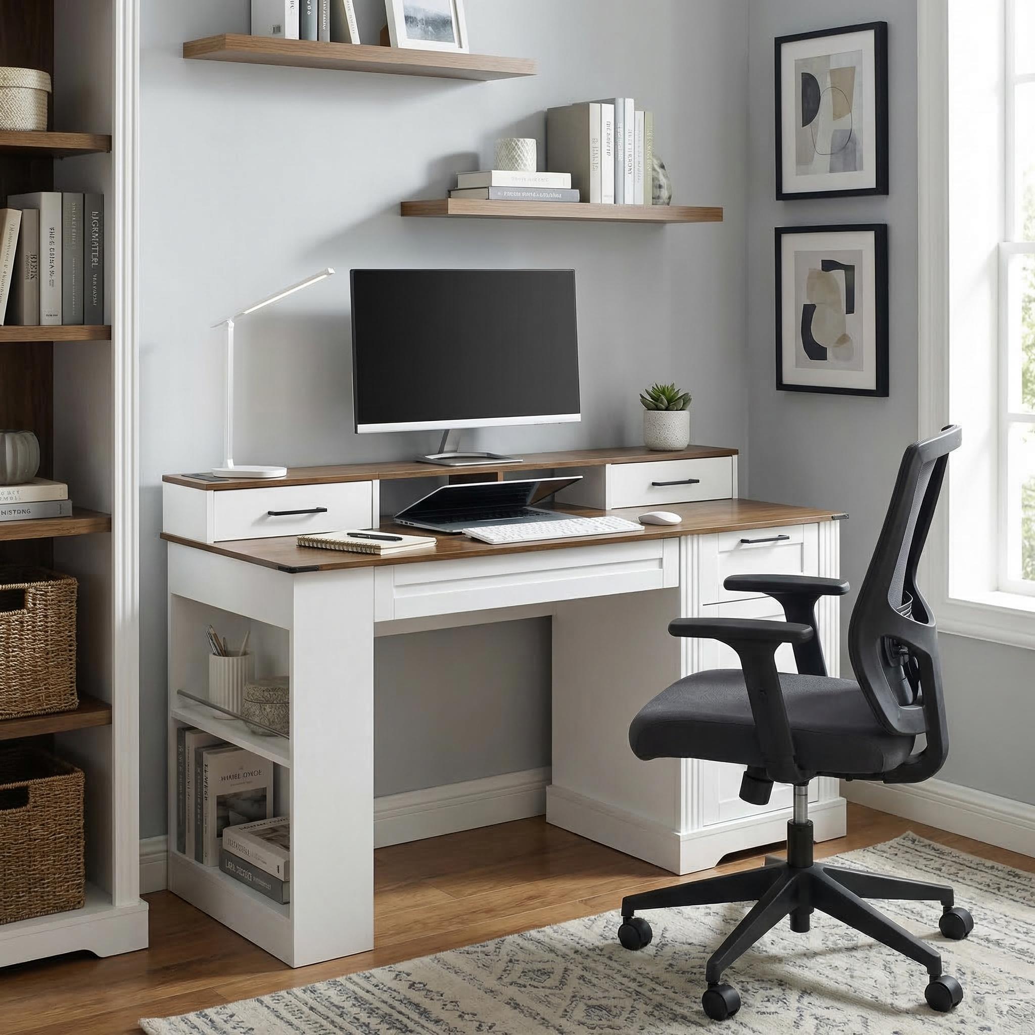 Kova 55" Farmhouse Office Desk with Storage Cabinet, Keyboard Tray and Charging Station