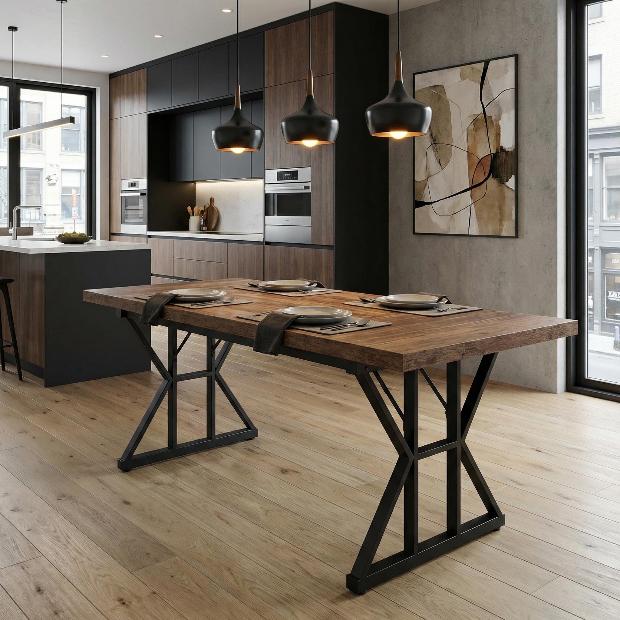 LEONARD Industrial MDF Dining Table 63" x 35" Modern Brown
