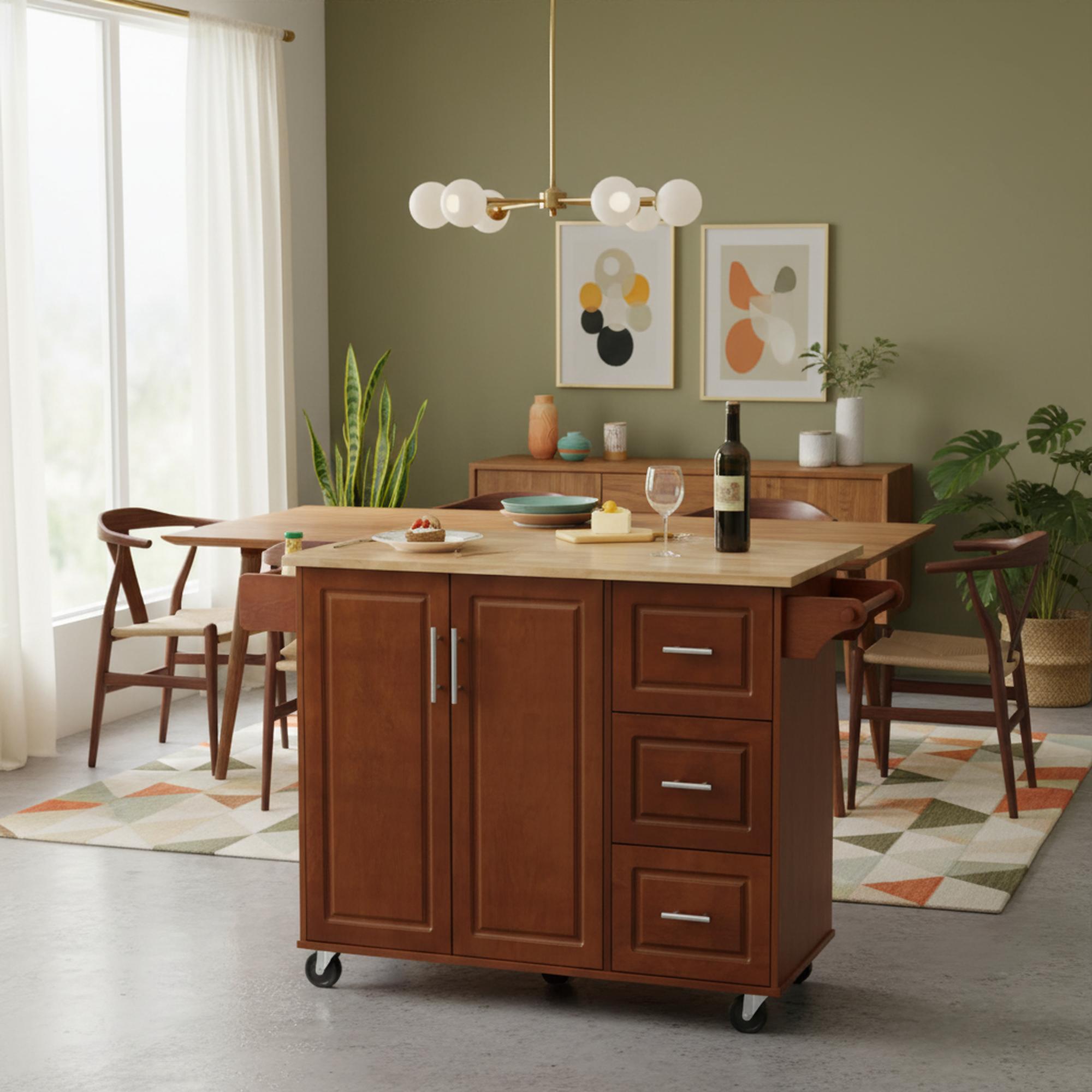 Sumatra 53" Rolling Kitchen Island with Solid Wood Countertop and Drop Leaf