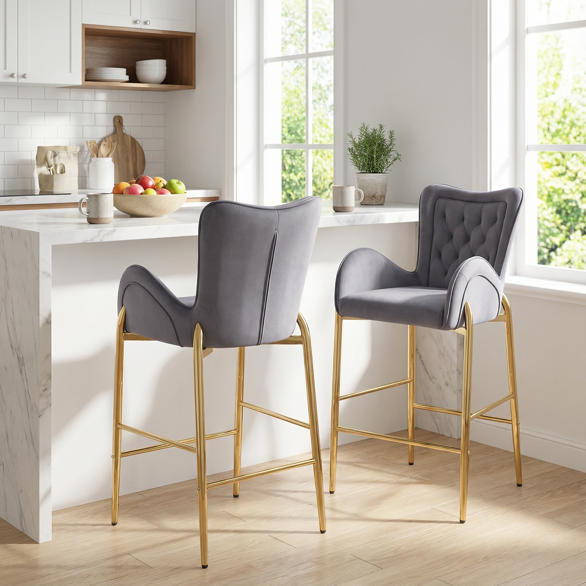 Seren 28.75" Modern Velvet Counter Height Bar Stools Set of 2 with Gold Legs and Footrest