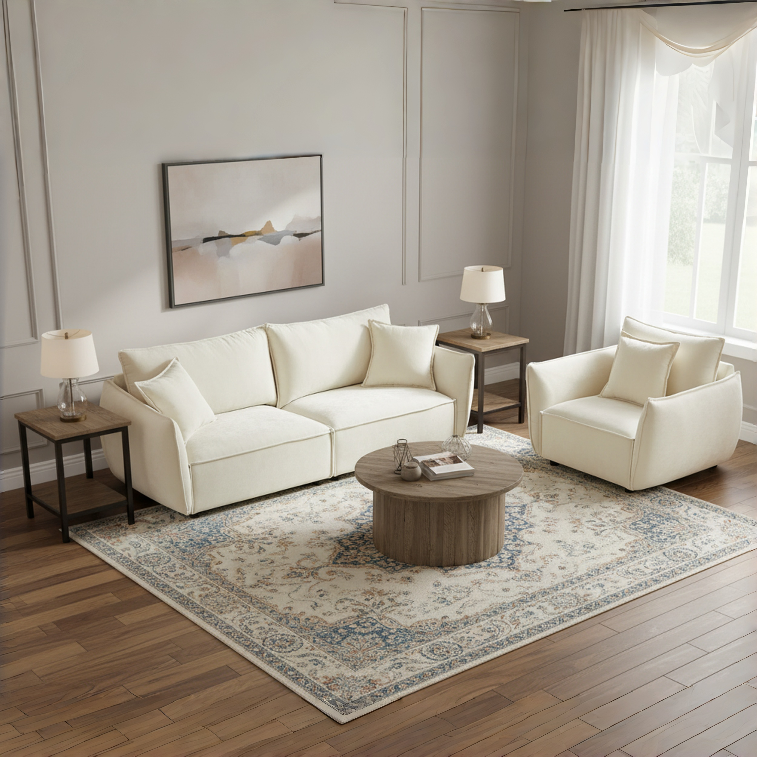 Homy Casa Phoenix 2 PC Linen Fabric Sofa Set, Loveseat Sofa & Recliner Chair, Beige Set of 2