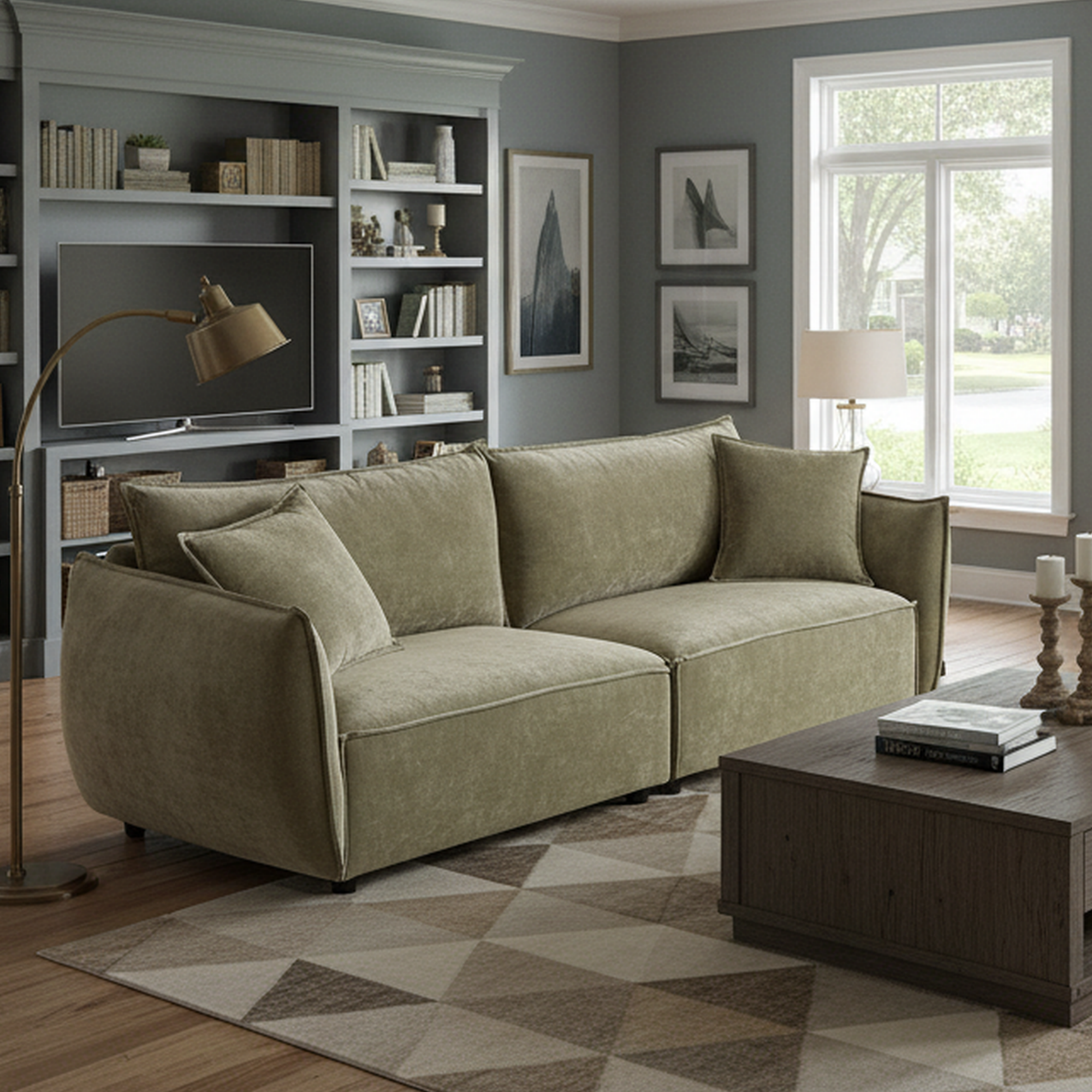 Phoenix 88" 3-Seater Linen Fabric Sofa, Light Green