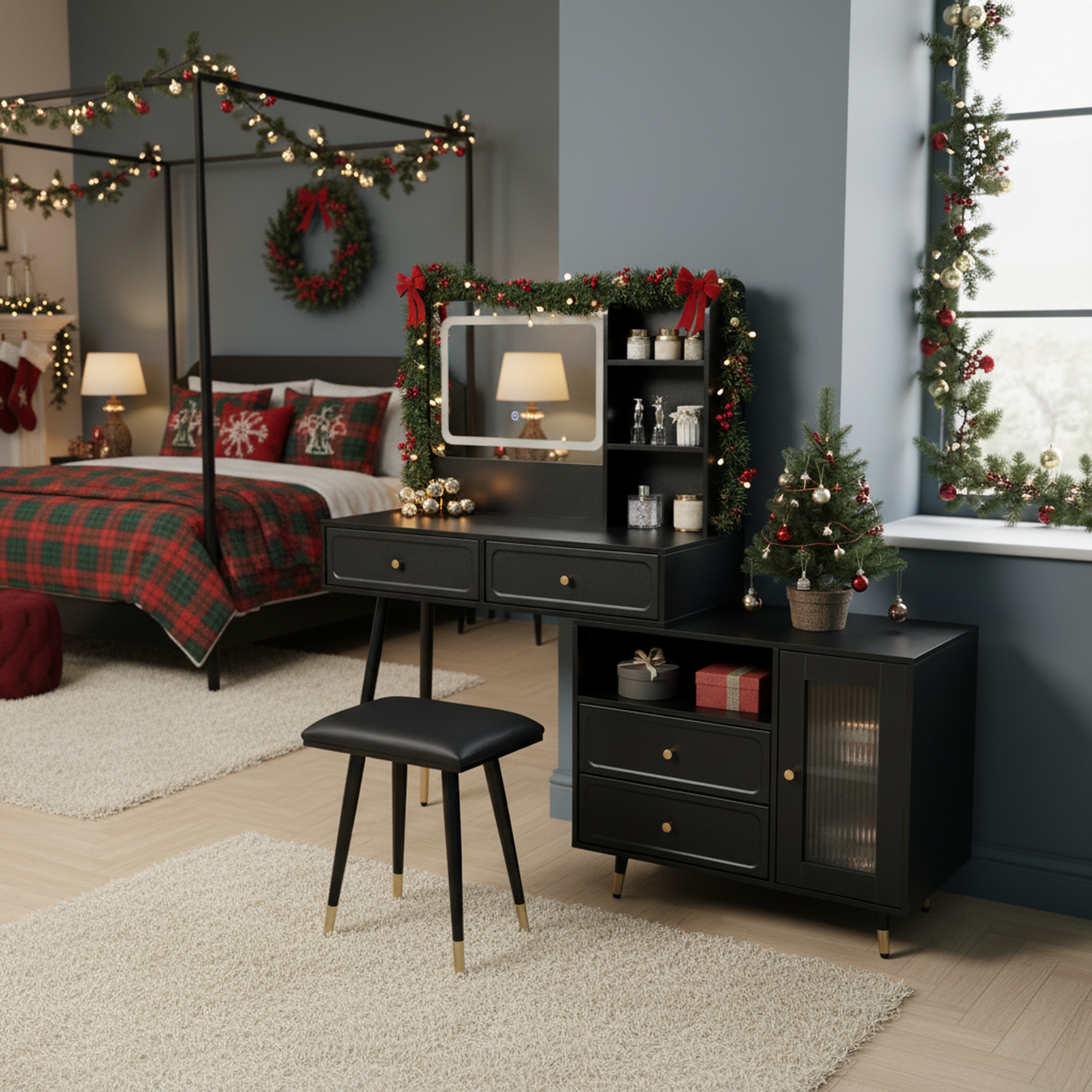 Voss Modern Vanity Desk Set with Lighted Mirror and Drawer Cabinet