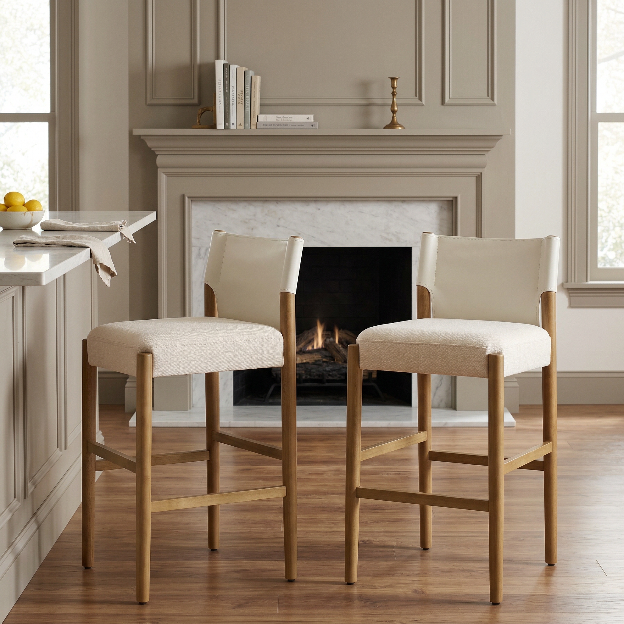 Riesling 28.5" Solid Wood PU Leather Upholstered Bar Stools Set of 2