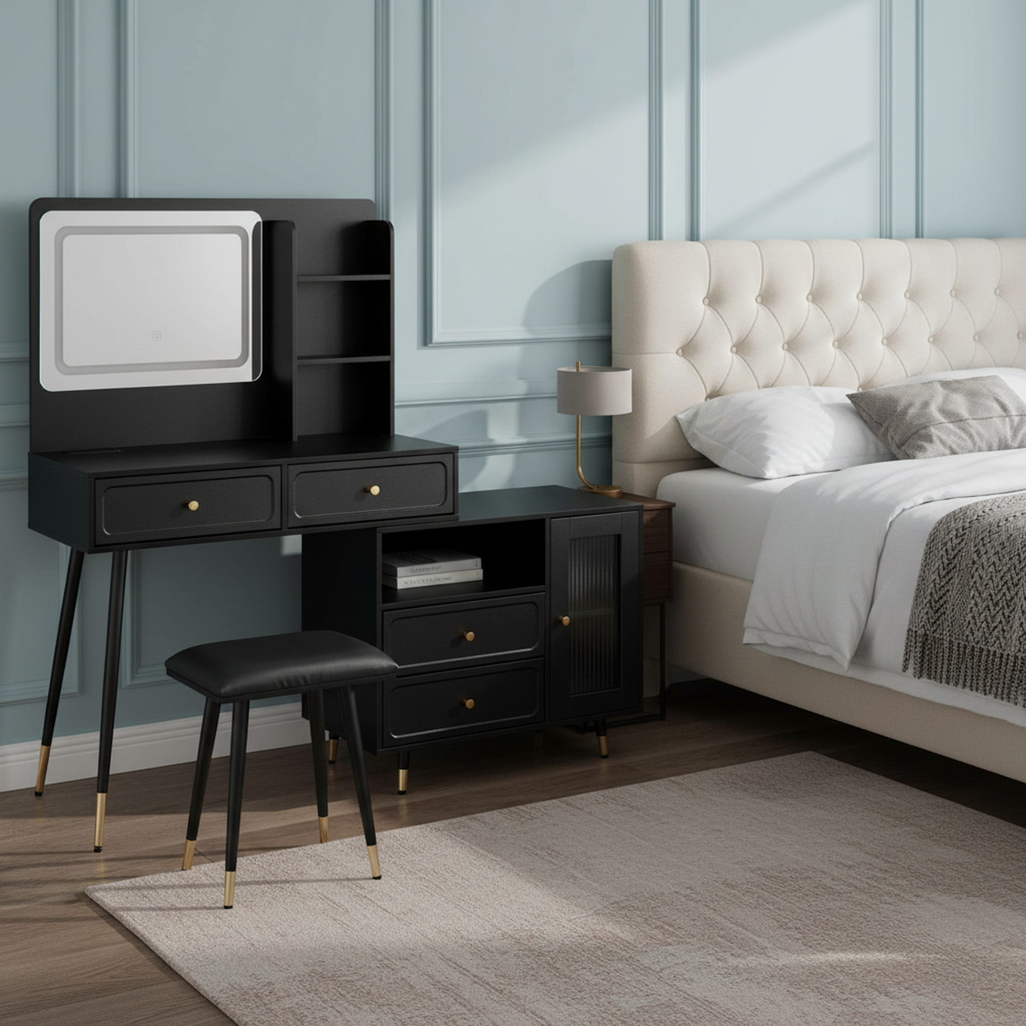 Voss Modern Vanity Desk Set with Lighted Mirror and Drawer Cabinet