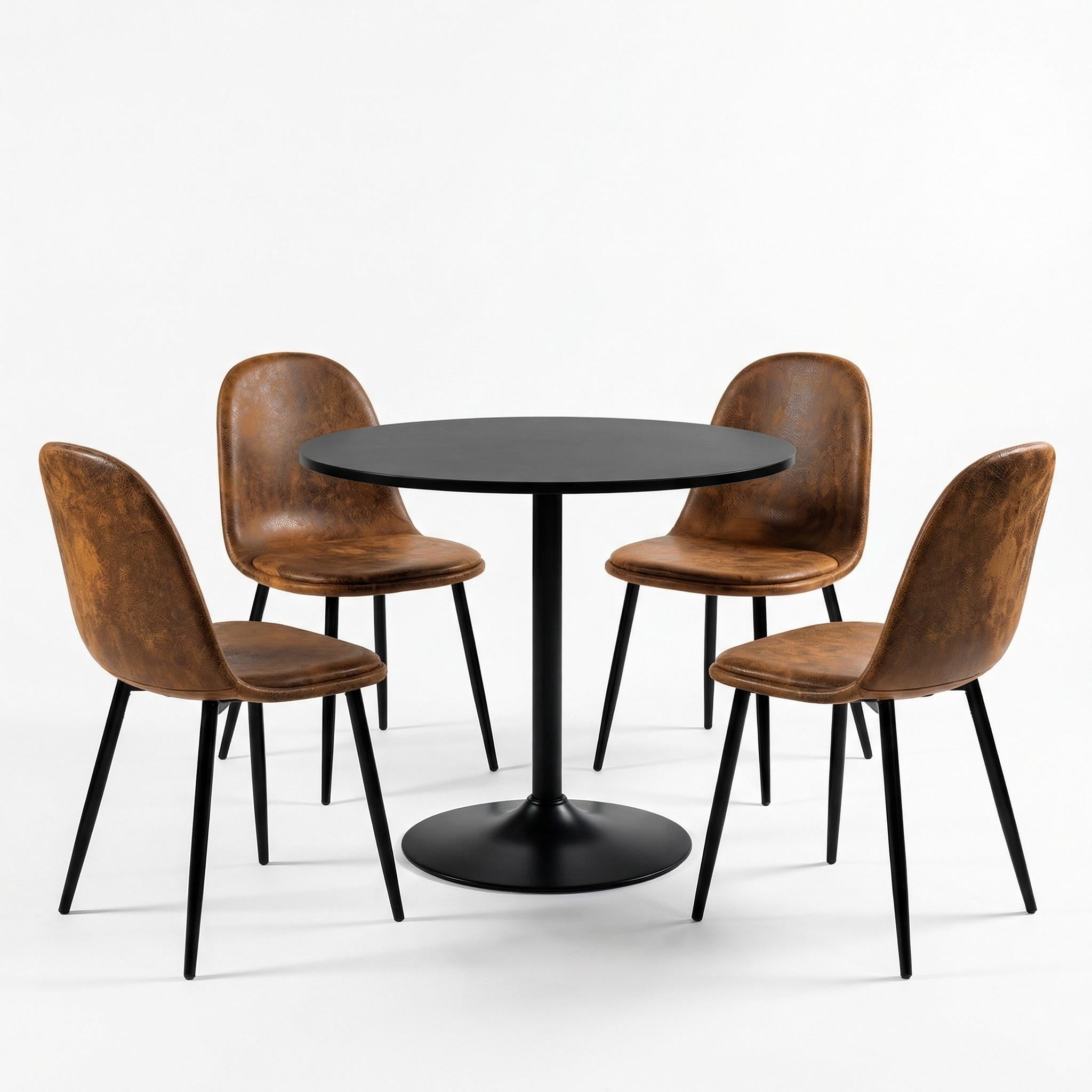 Homy Casa Clift 5PC Dining Set 31.5” Black Round Dining Table Set with 4 Sunflower Brown Suede Dining Chairs
