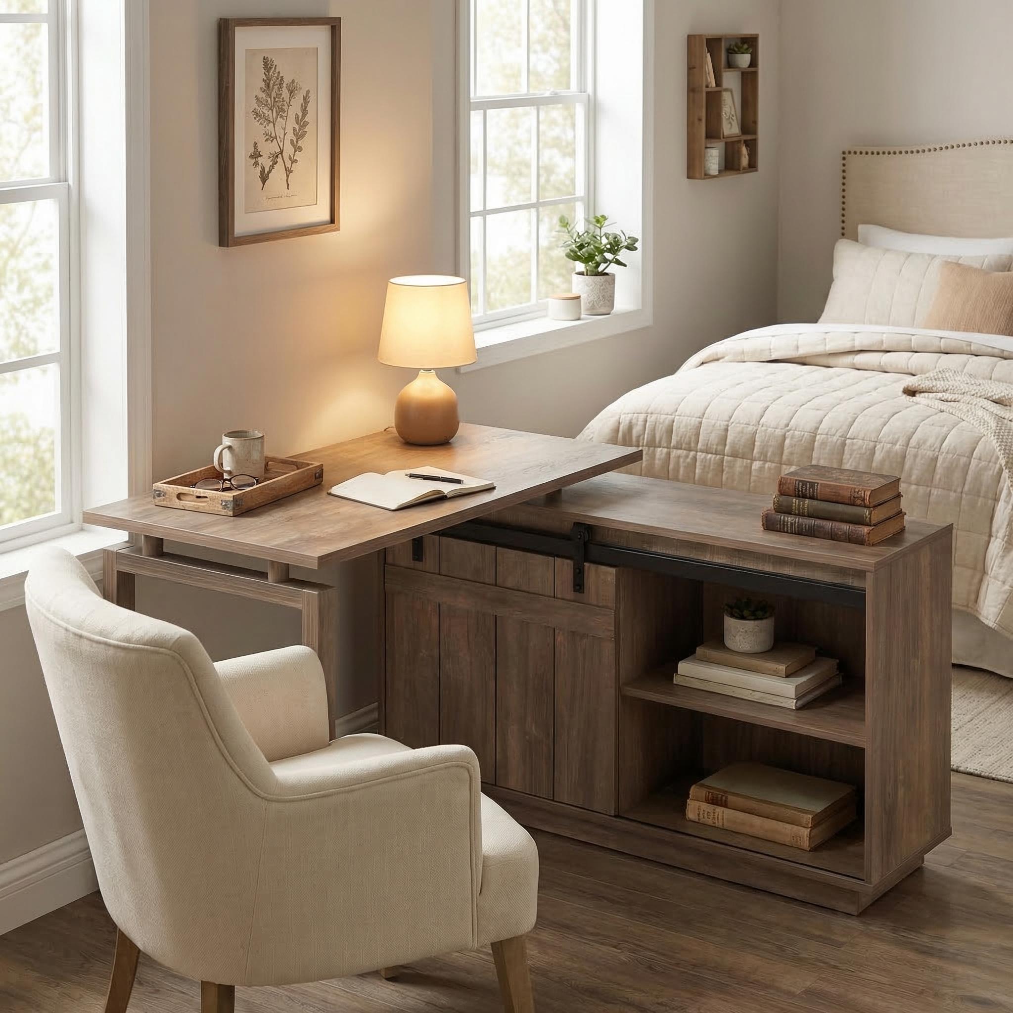 Aera 47" Reversible L-Shaped Desk with Sliding Barn Door Storage Cabinet