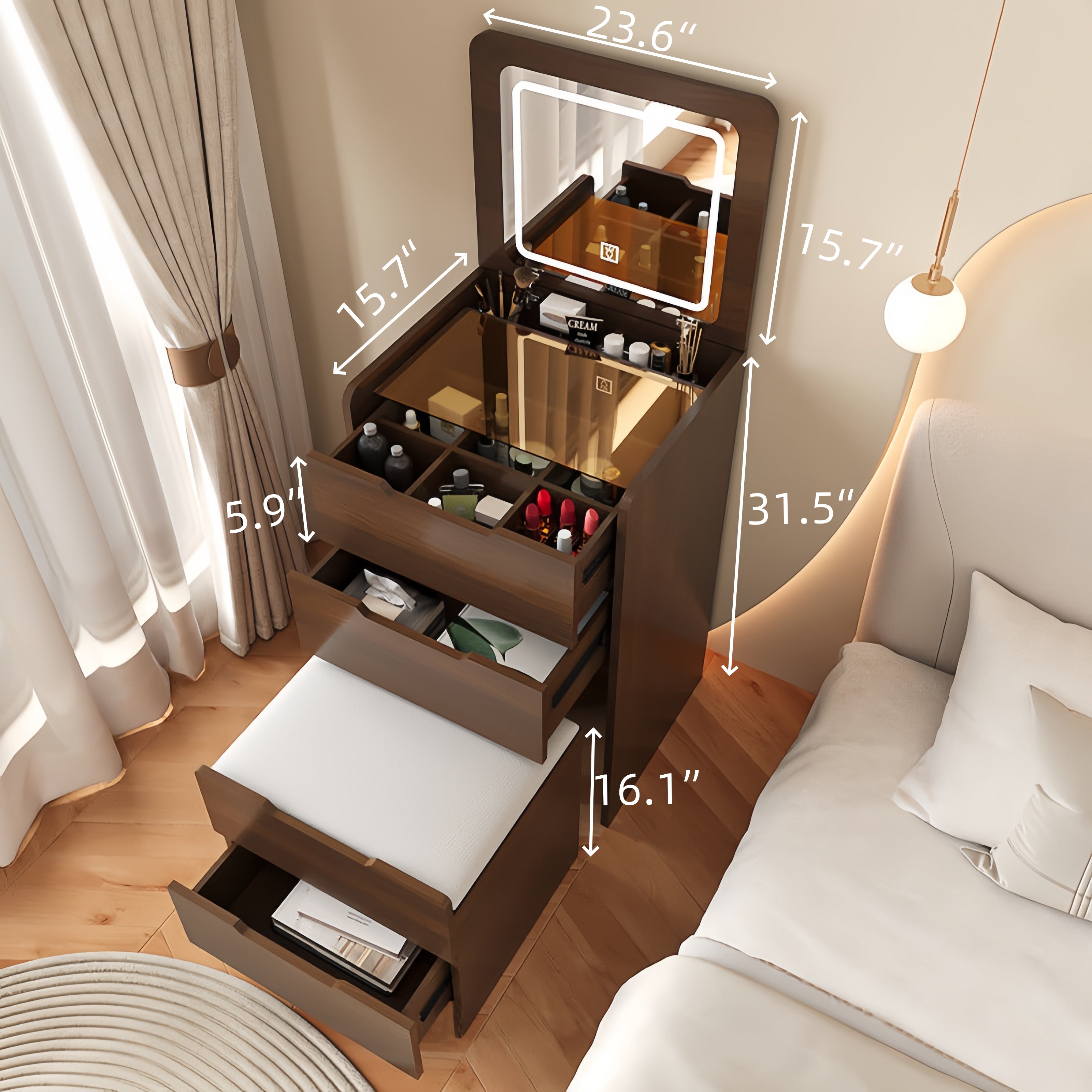 Lillemor 3-in-1 Compact Vanity Desk with Flip Top Mirror and Storage Ottoman