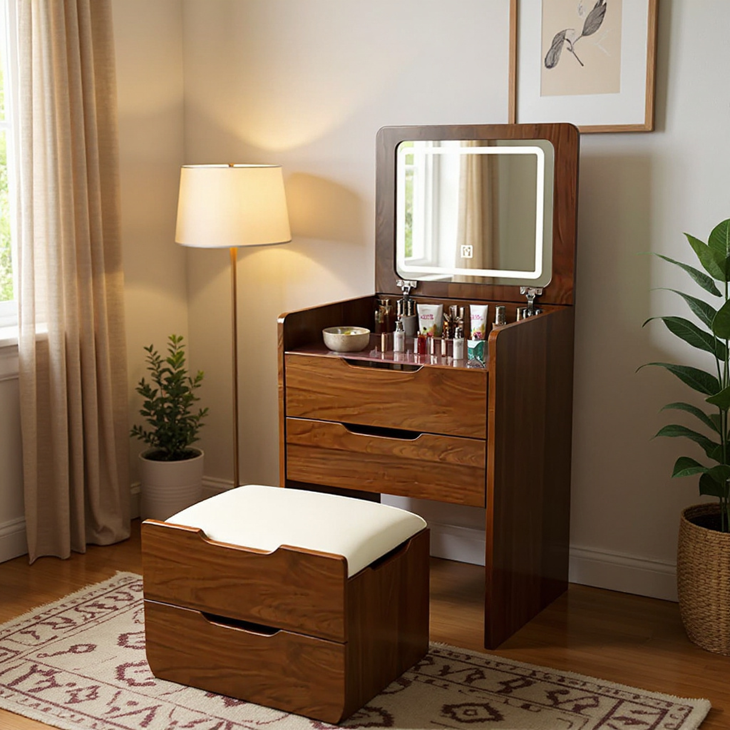 Lillemor 3-in-1 Compact Vanity Desk with Flip Top Mirror and Storage Ottoman