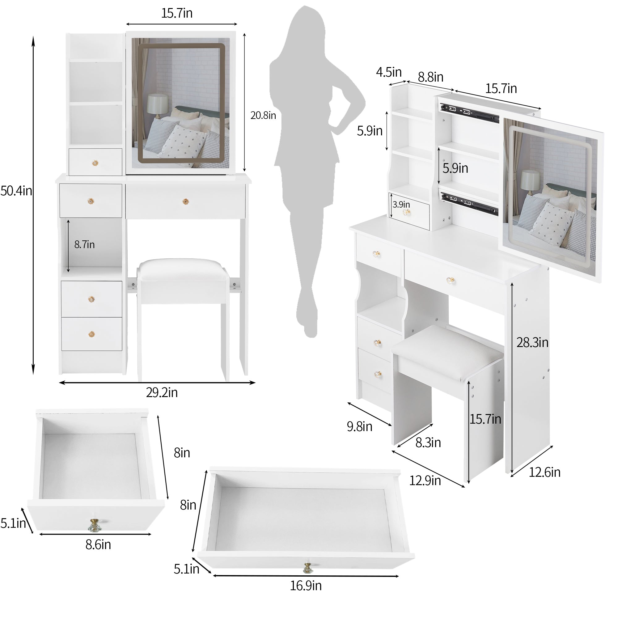 Lulea Vanity Table Set with LED Mirror and Storage