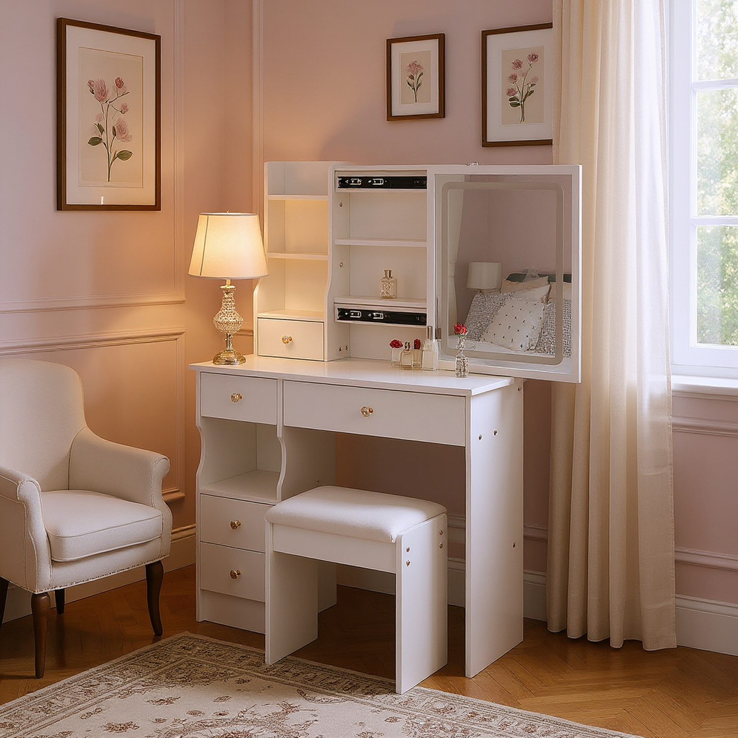 Lulea Vanity Table Set with LED Mirror and Storage
