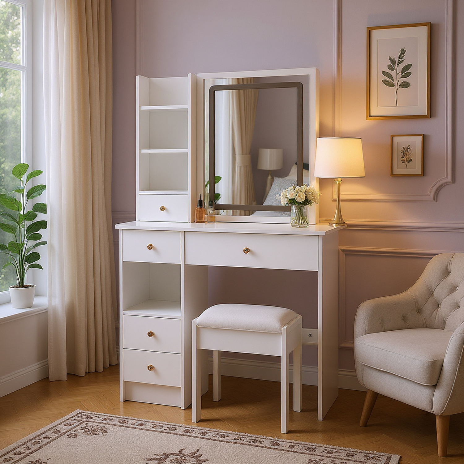 Lulea Vanity Table Set with LED Mirror and Storage