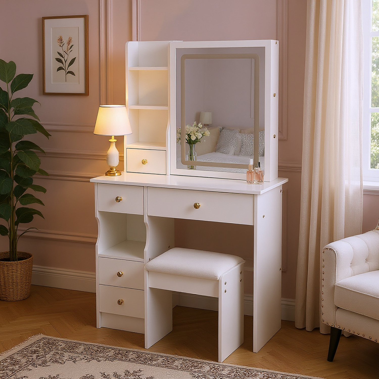 Lulea Vanity Table Set with LED Mirror and Storage