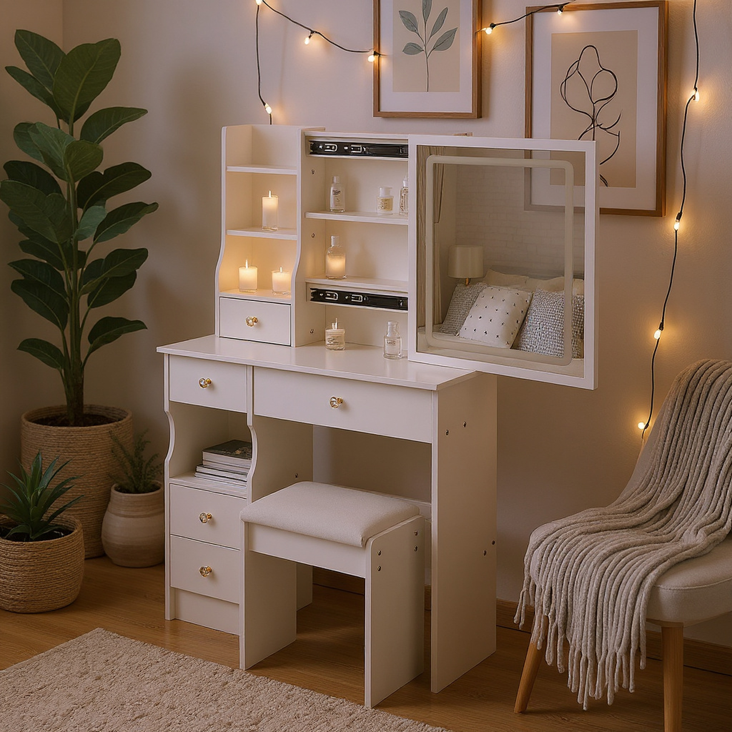 Lulea Vanity Table Set with LED Mirror and Storage