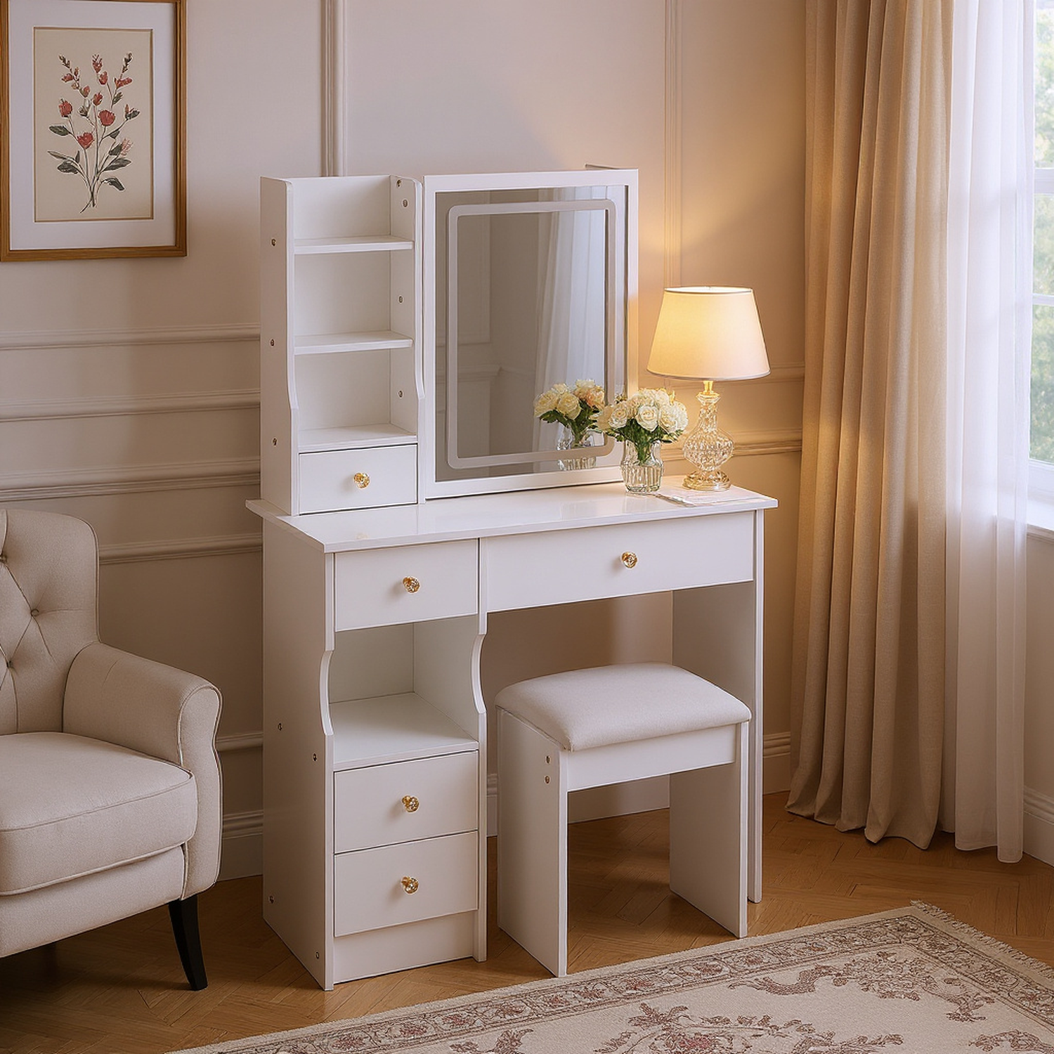 Lulea Vanity Table Set with LED Mirror and Storage