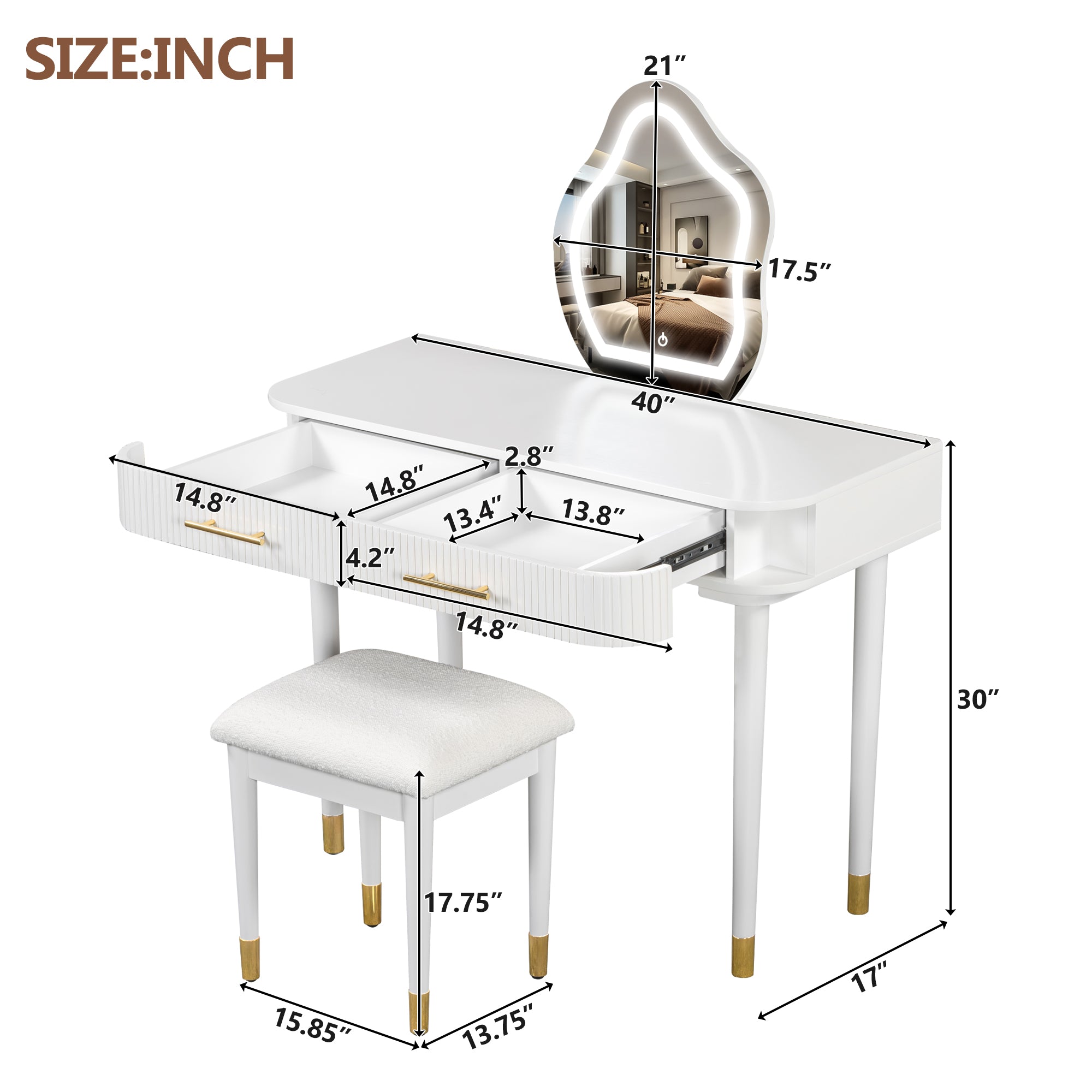 Lunara 40" Modern Makeup Vanity Table Set with 2 Drawers