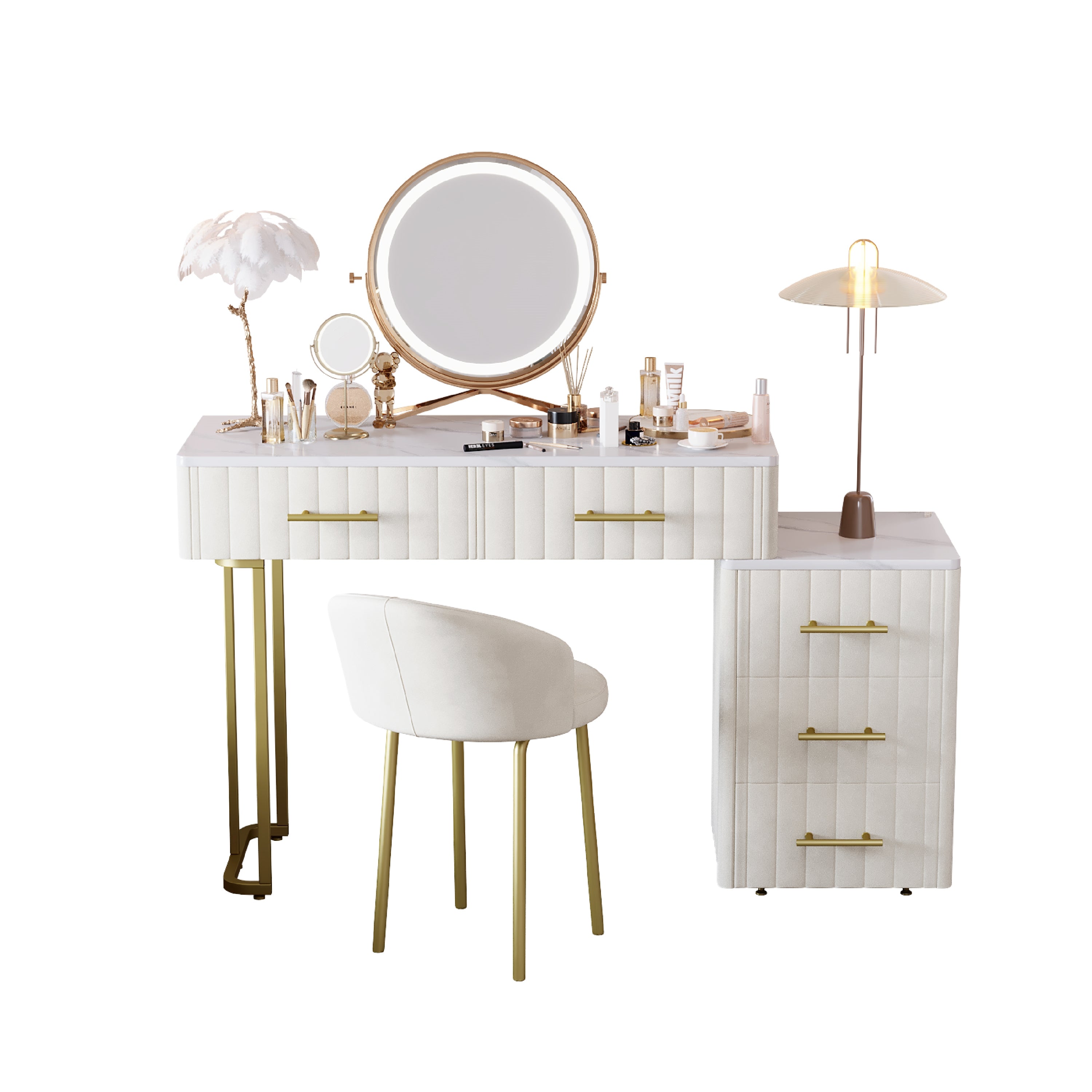 Mori Modern Vanity Desk with Lighted Mirror and Storage Drawers, Beige