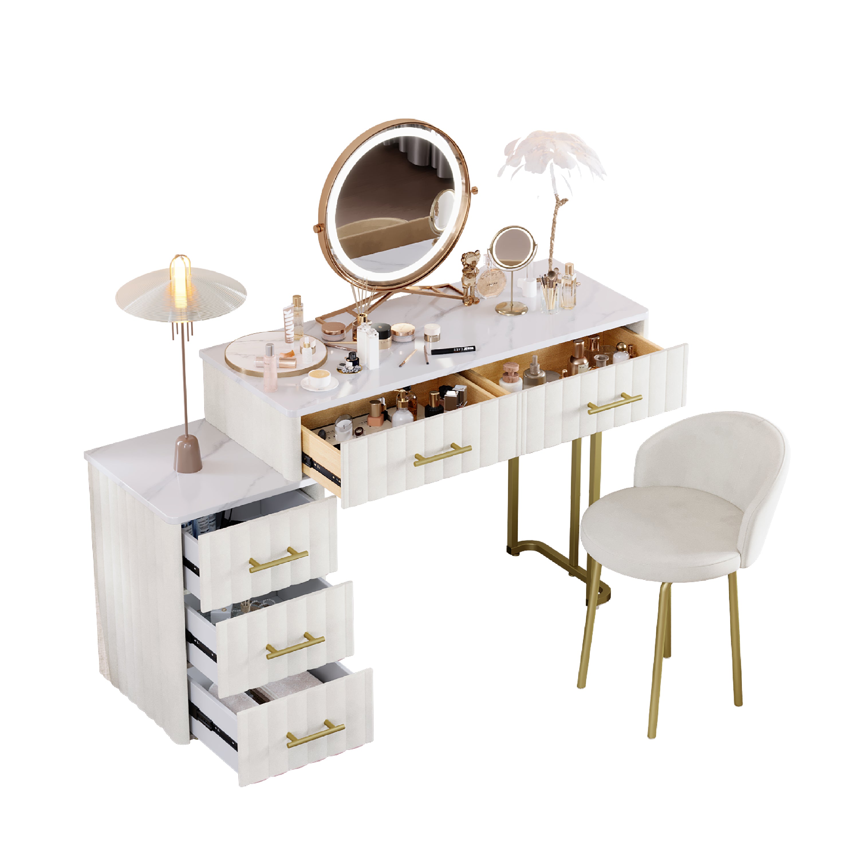 Mori Modern Vanity Desk with Lighted Mirror and Storage Drawers, Beige