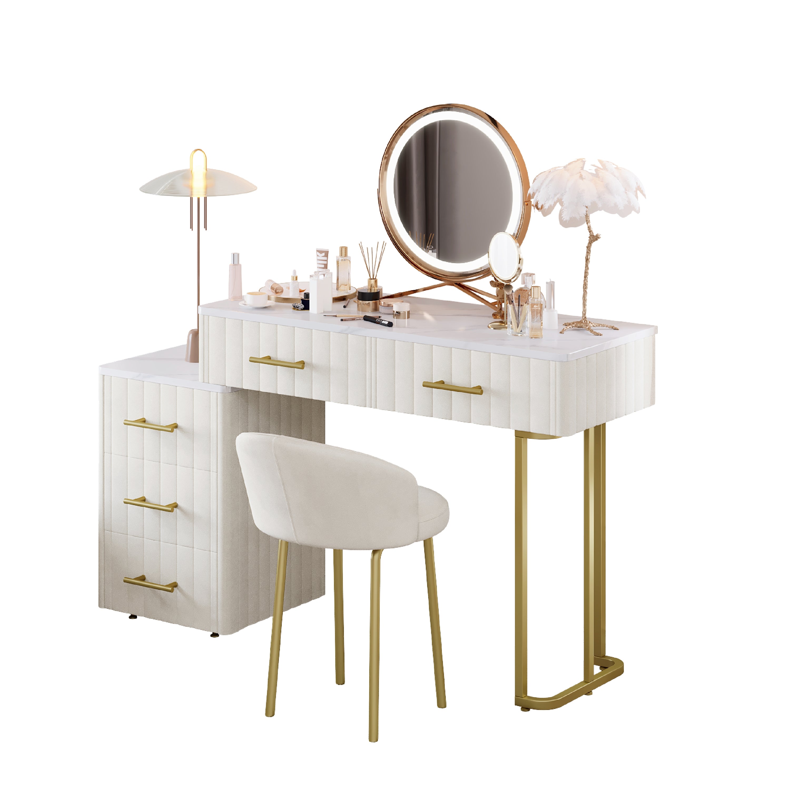 Mori Modern Vanity Desk with Lighted Mirror and Storage Drawers, Beige