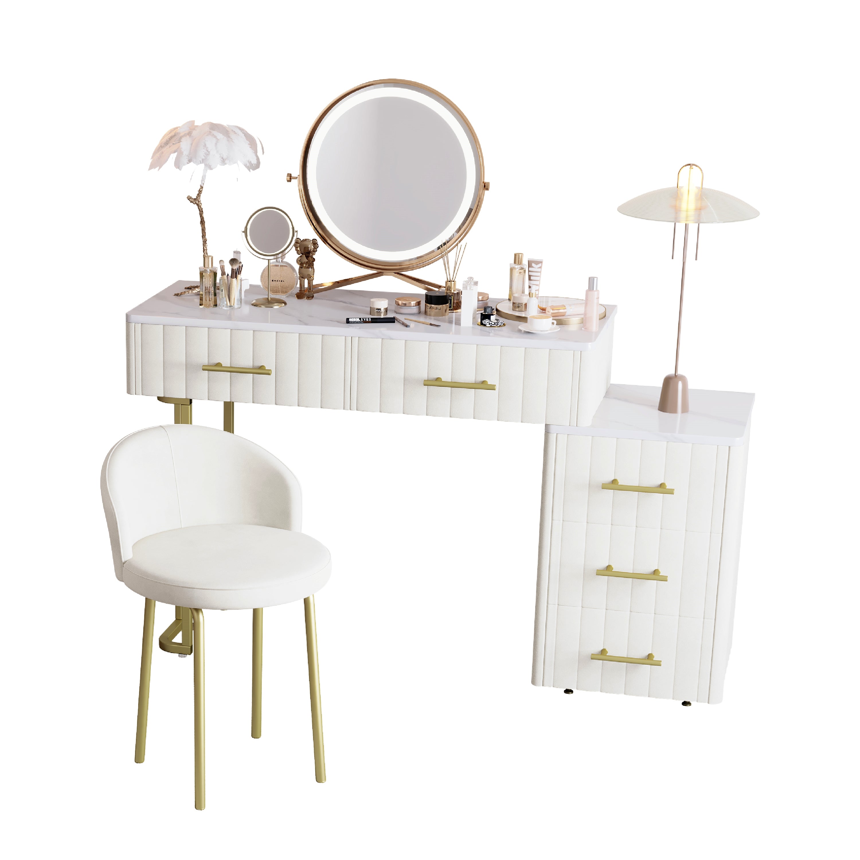 Mori Modern Vanity Desk with Lighted Mirror and Storage Drawers, Beige
