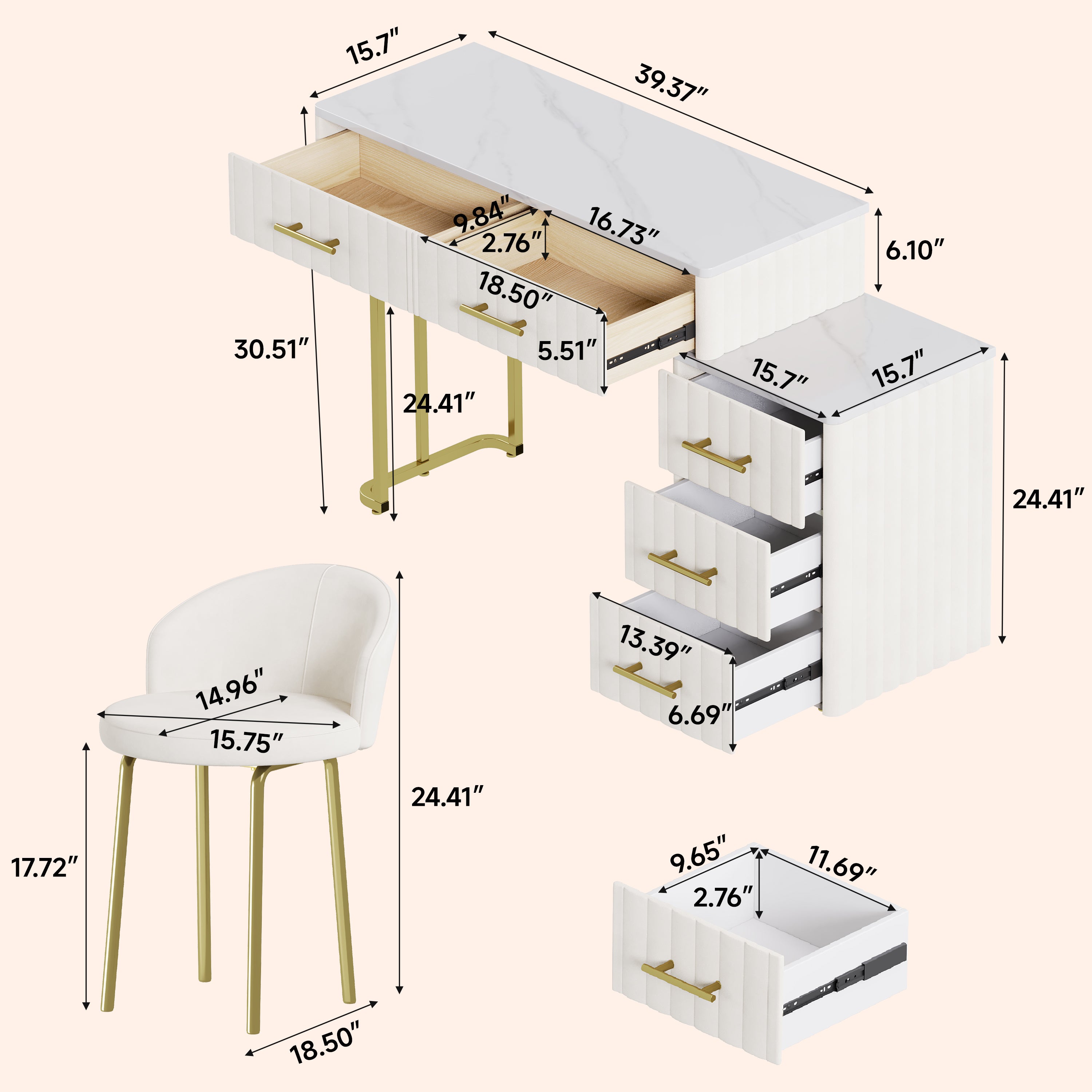 Mori Modern Vanity Desk with Lighted Mirror and Storage Drawers, Beige