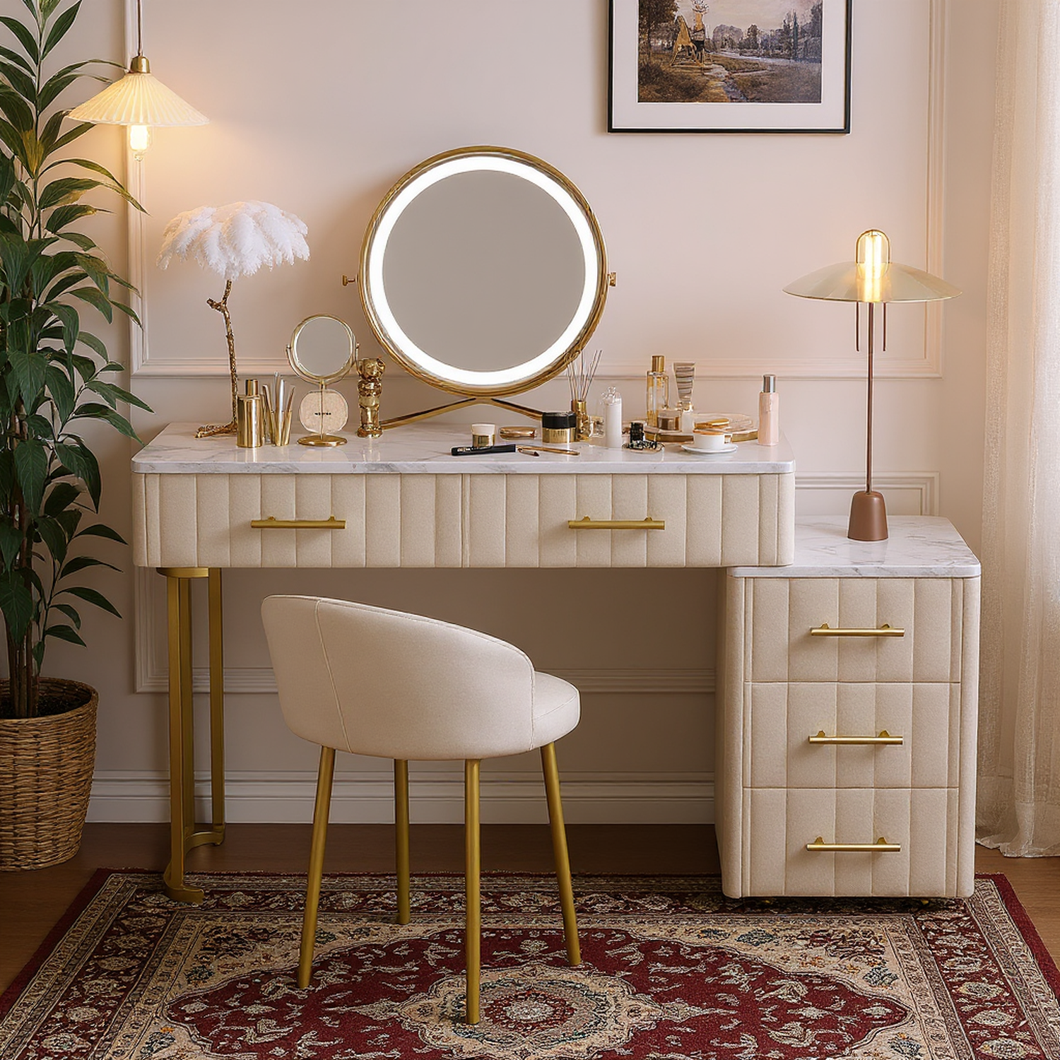 Mori Modern Vanity Desk with Lighted Mirror and Storage Drawers, Beige