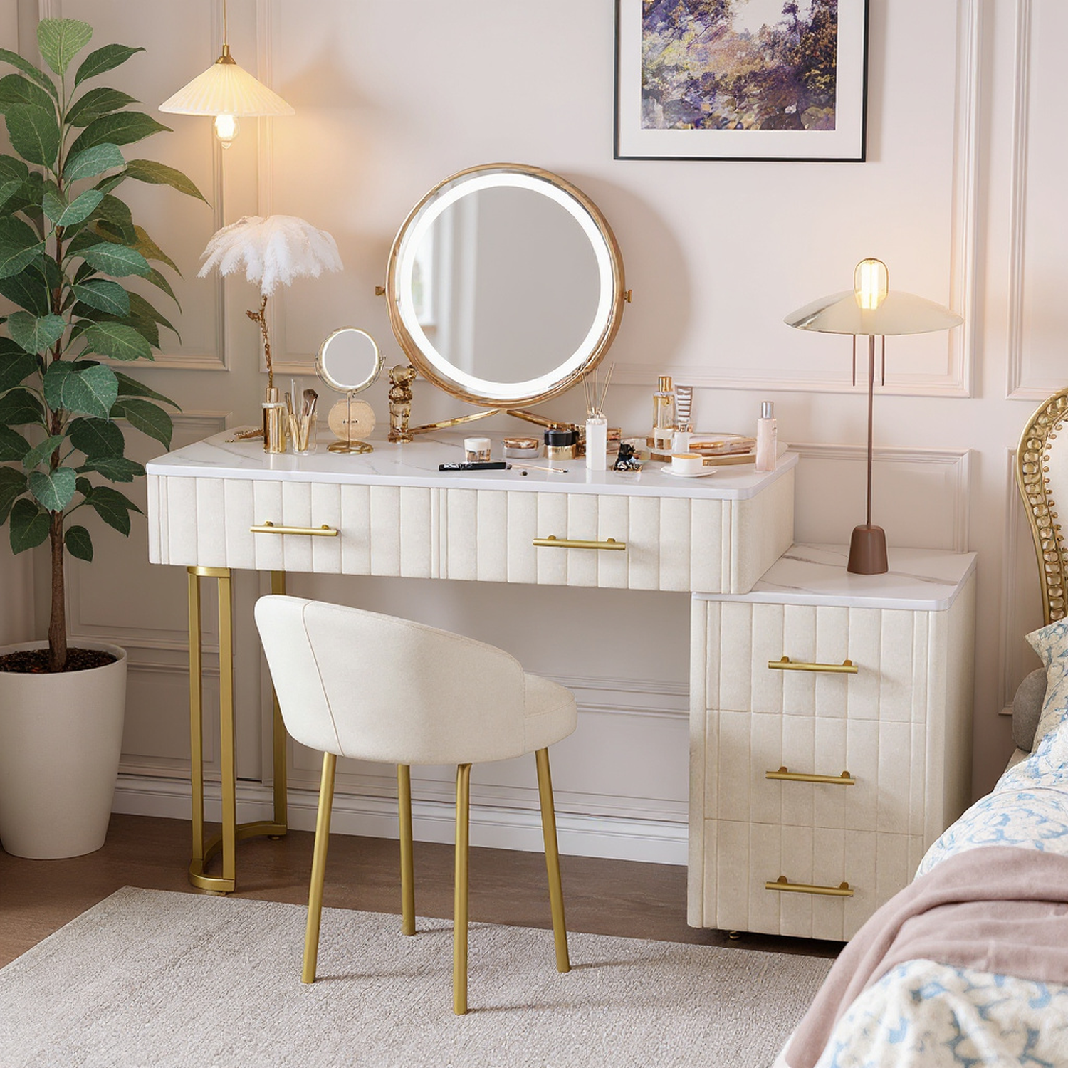 Mori Modern Vanity Desk with Lighted Mirror and Storage Drawers, Beige