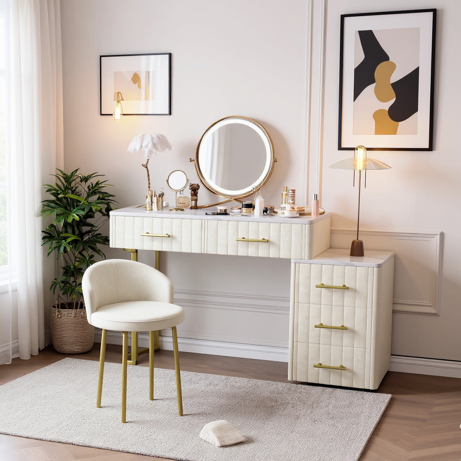 Mori Modern Vanity Desk with Lighted Mirror and Storage Drawers, Beige