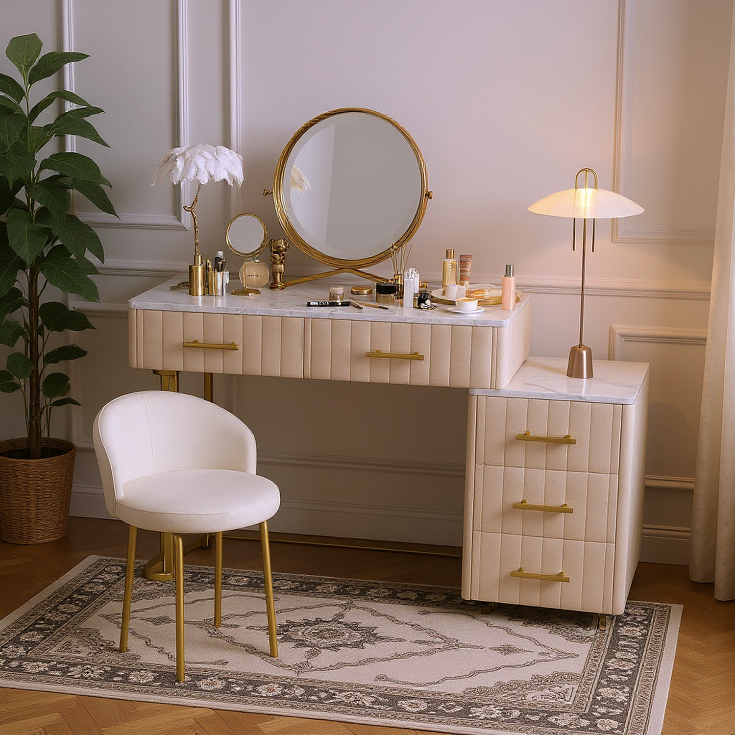 Mori Modern Vanity Desk with Lighted Mirror and Storage Drawers, Beige