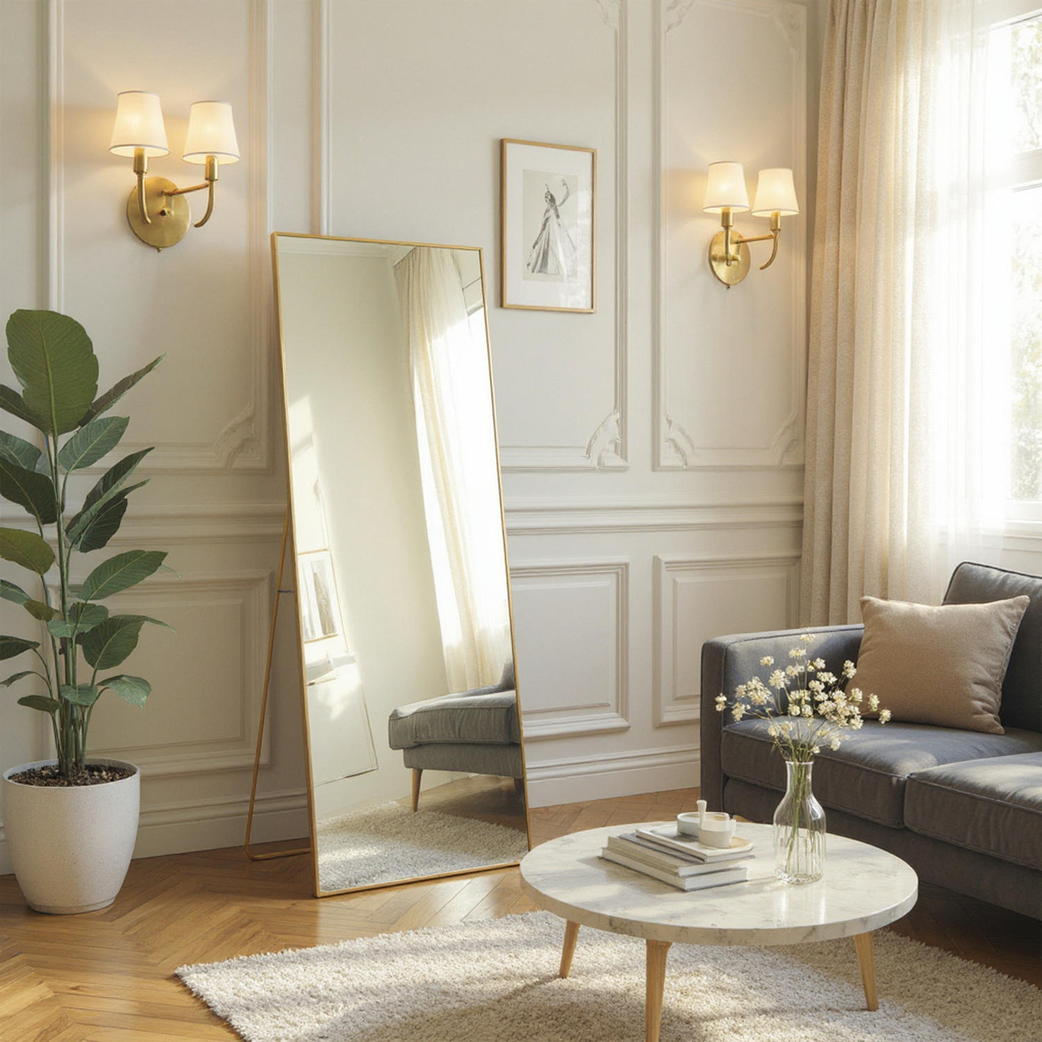 Nova Full Length Floor Mirror with Gold Metal Frame and Stand