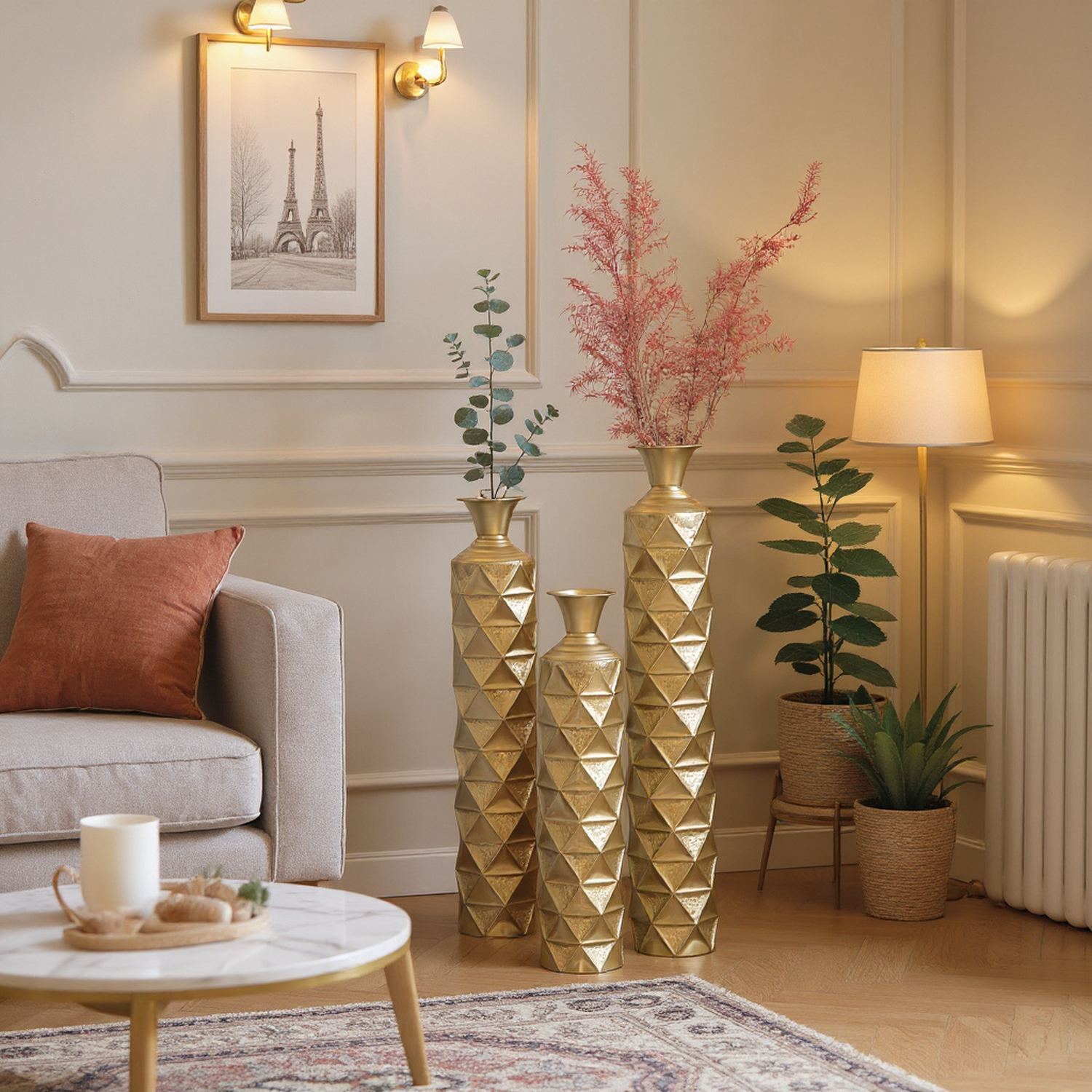 Orion Decorative Metal Vase Set of 3 with 3D Triangle Pattern