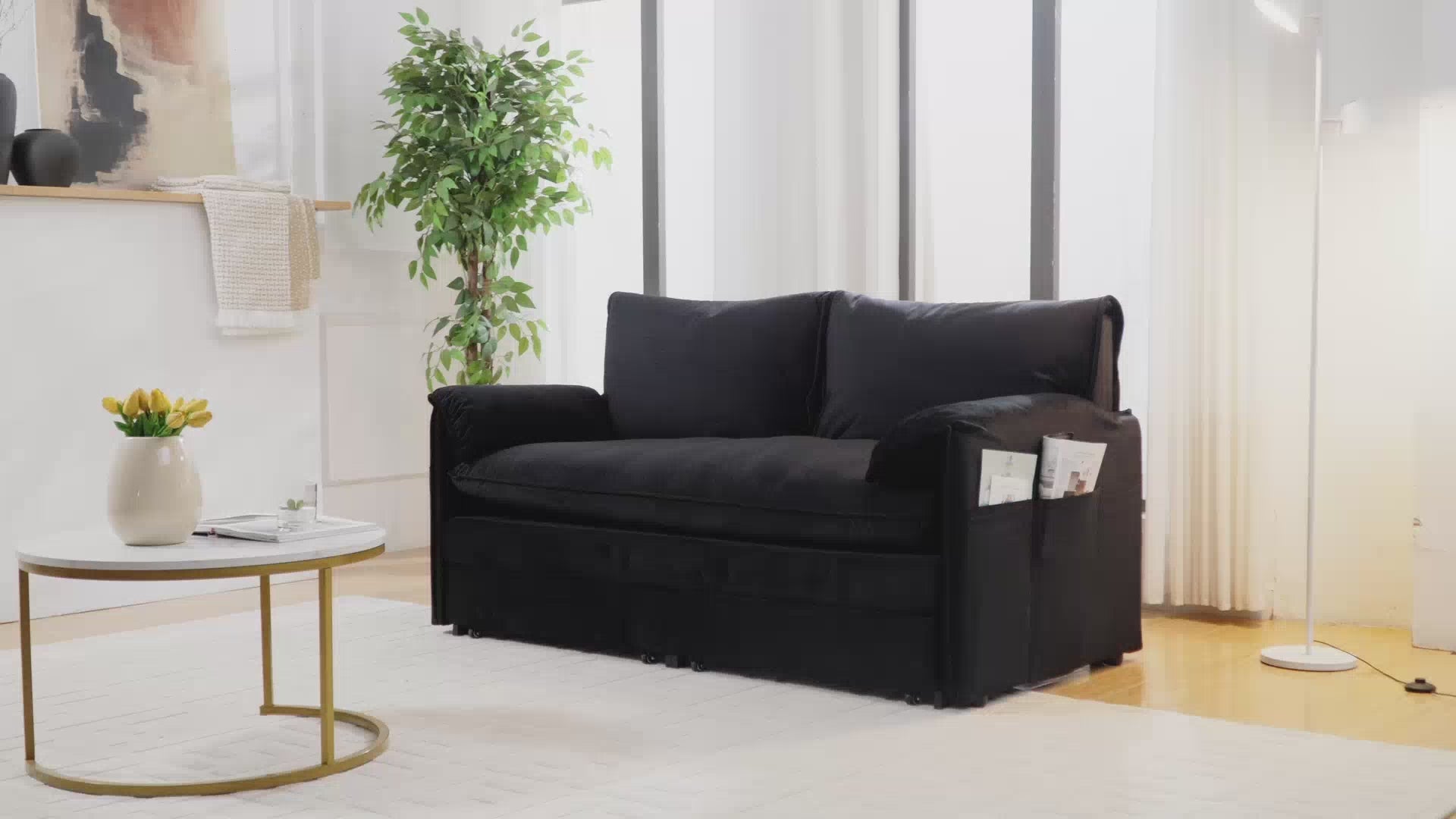 Load video: Freja 66&quot; Velvet Convertible Sofa Bed with Pull-Out Sleeper and Side Storage, Beige