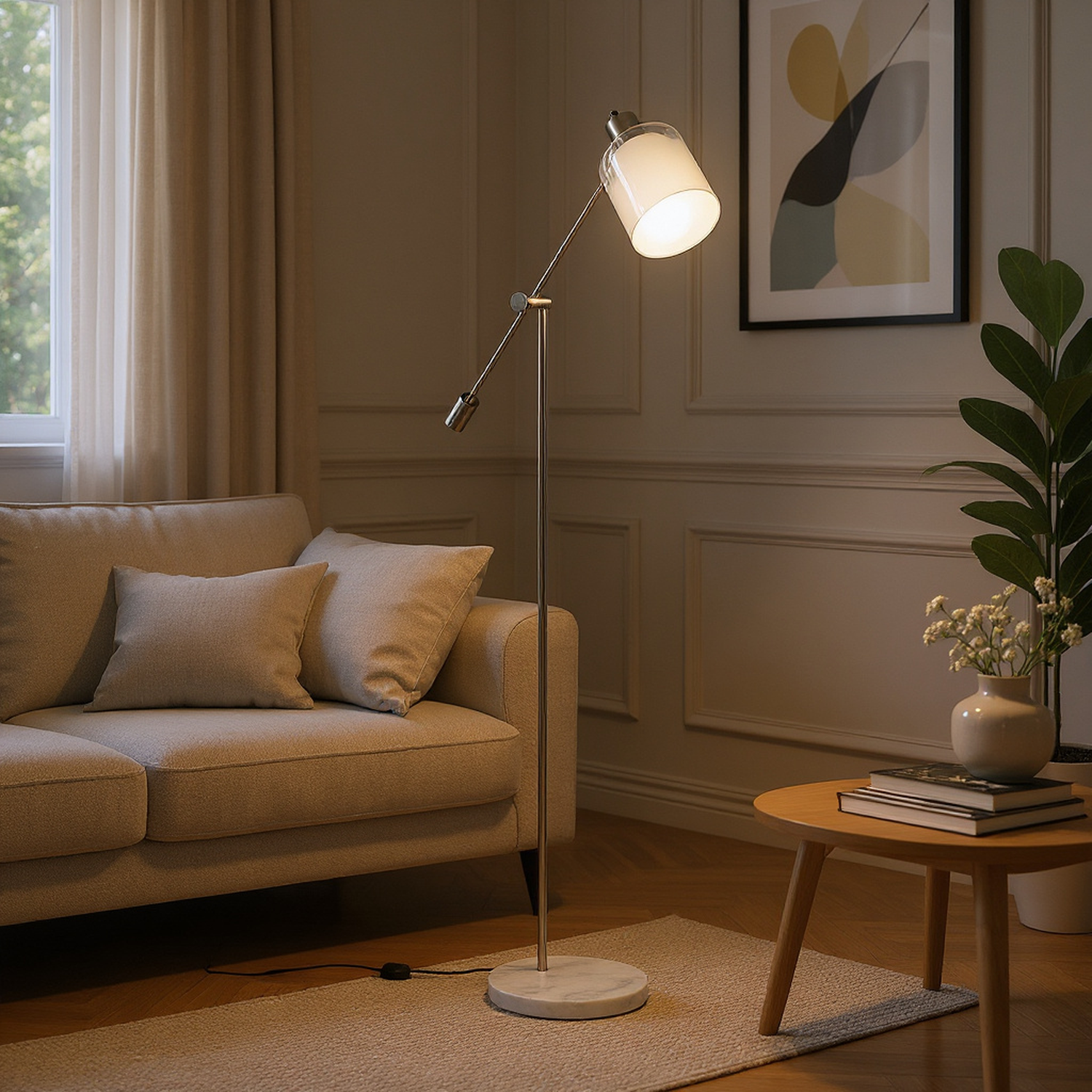 Prism Adjustable Floor Lamp with Marble Base and Frosted Glass Shade
