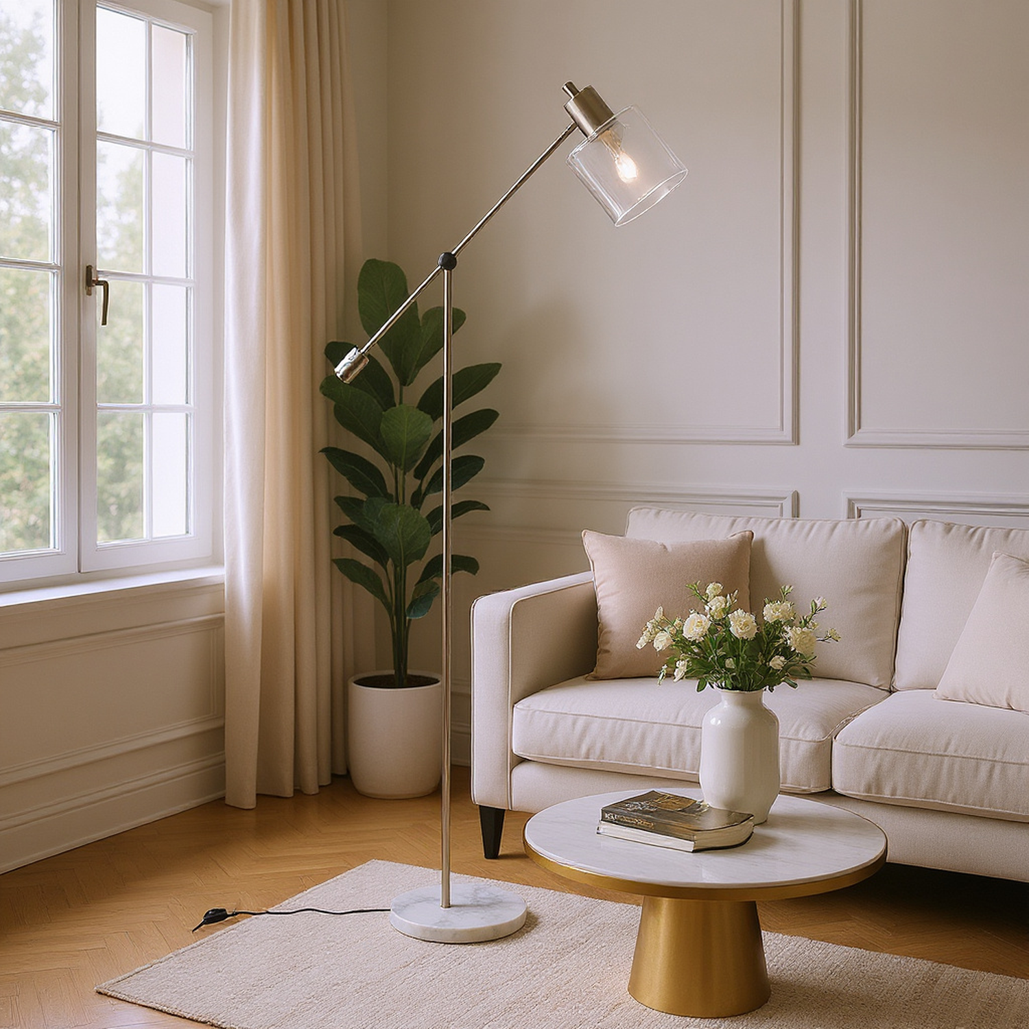 Prism Adjustable Floor Lamp with Marble Base and Frosted Glass Shade