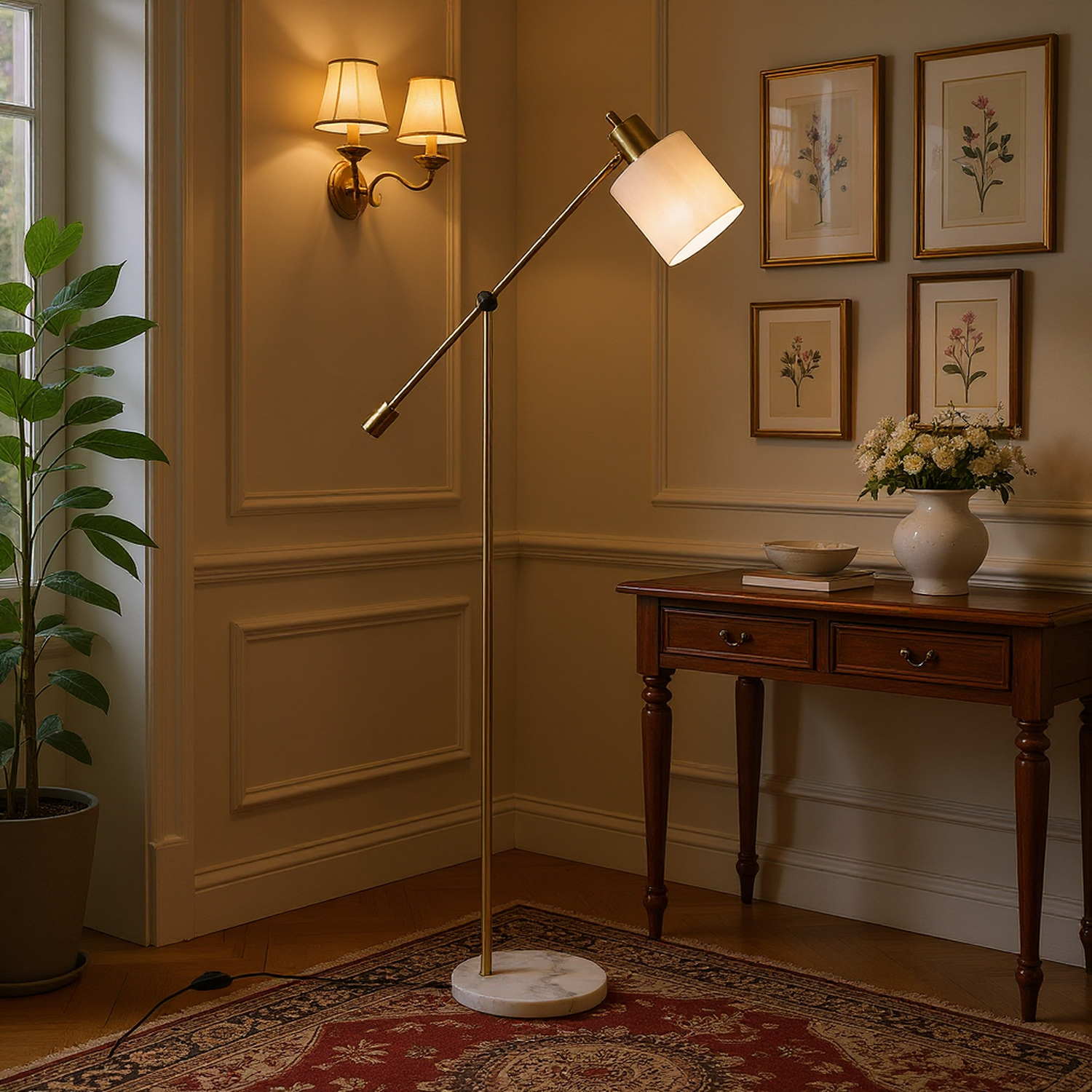 Prism Adjustable Floor Lamp with Marble Base and Frosted Glass Shade
