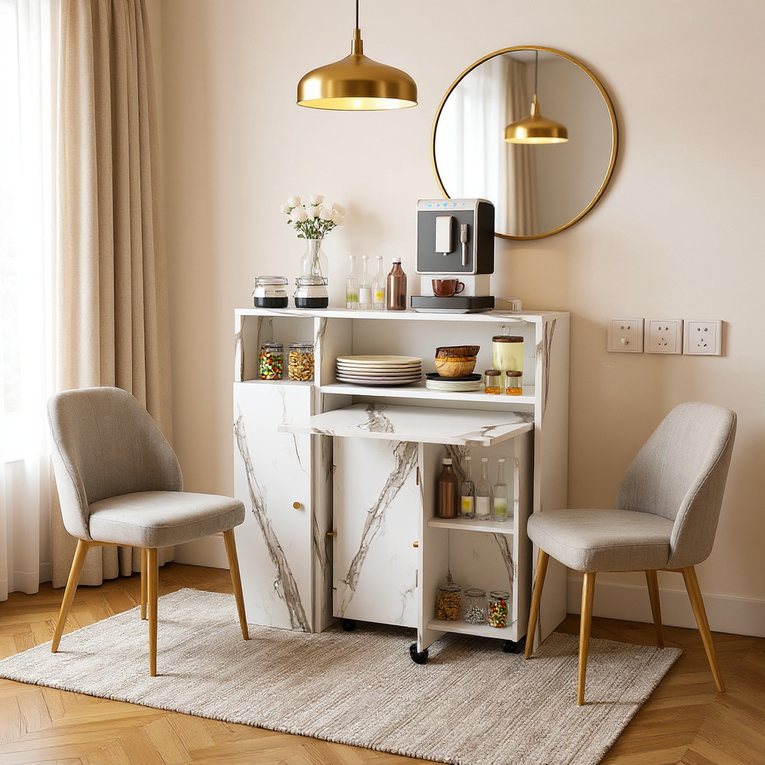 Agus Folding Dining Table with Wall-Mounted Sideboard and Storage, White Marble