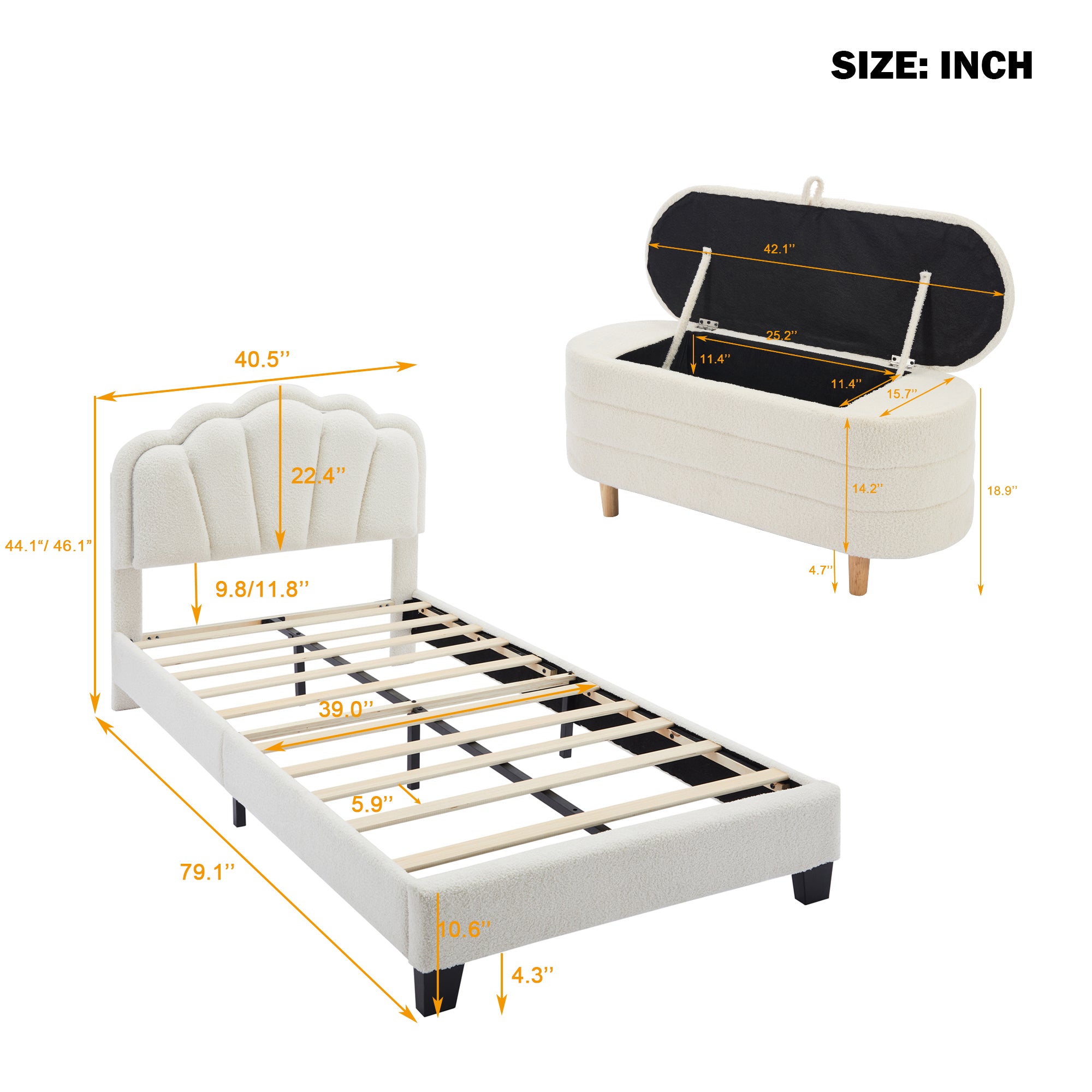 Selma Upholstered Platform Bed with Storage Ottoman Bench, White