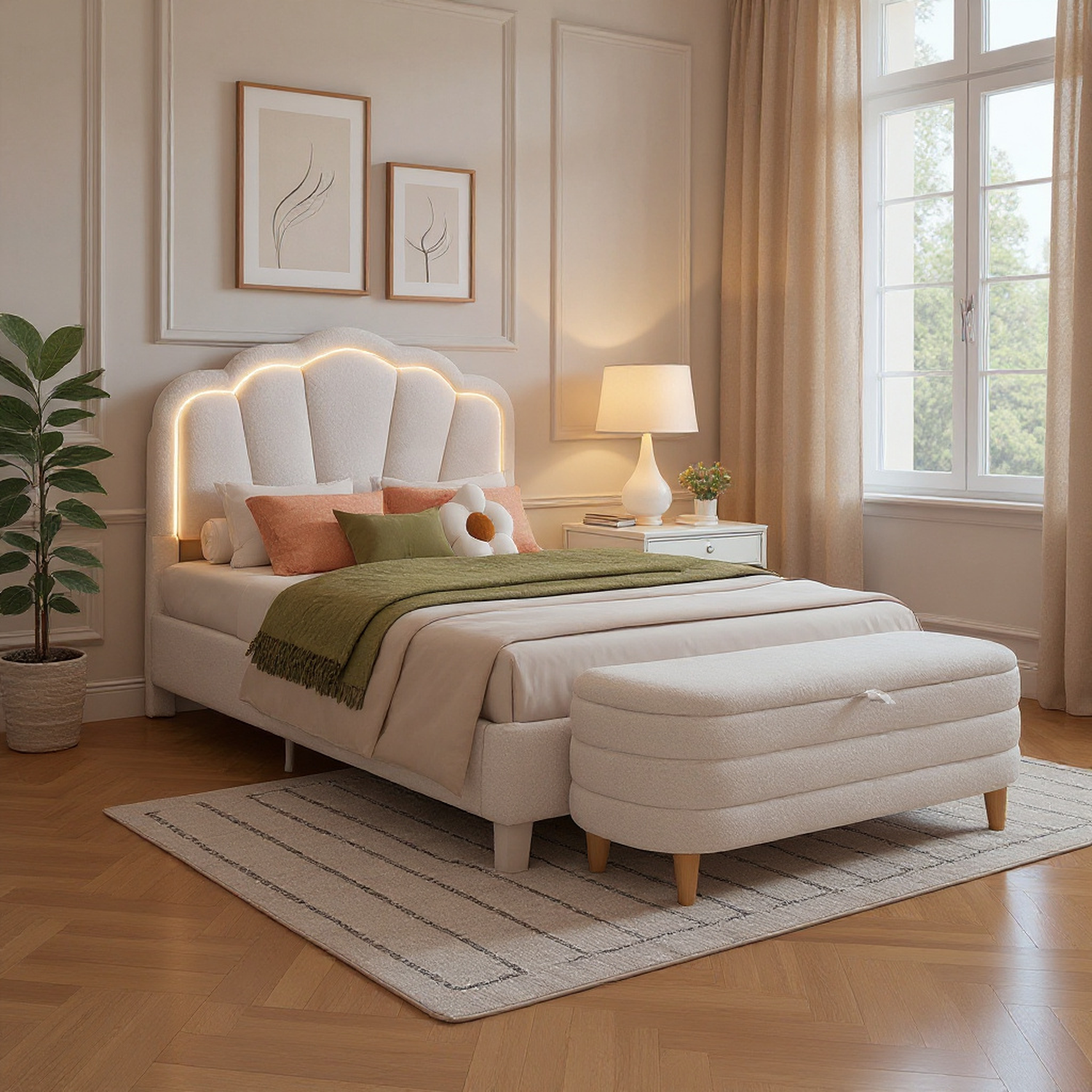 Selma Upholstered Platform Bed with Storage Ottoman Bench, White