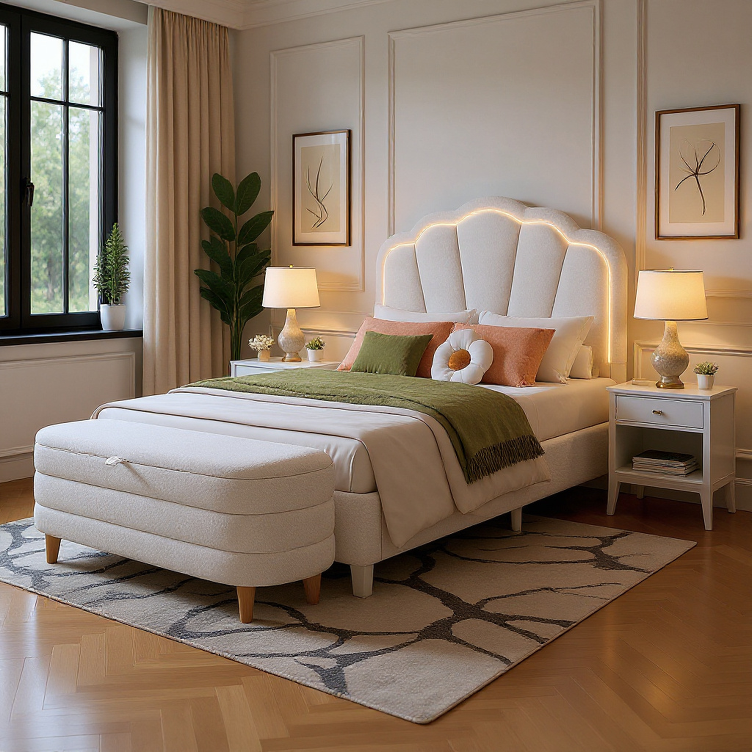 Selma Upholstered Platform Bed with Storage Ottoman Bench, White