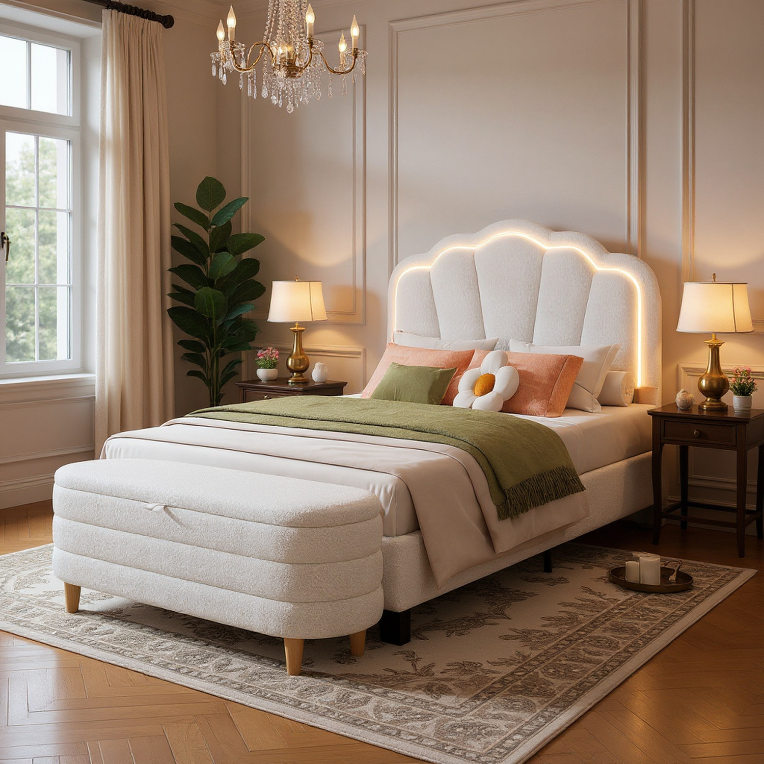 Selma Upholstered Platform Bed with Storage Ottoman Bench, White