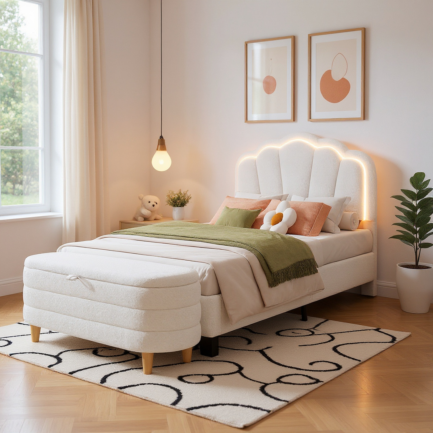 Selma Upholstered Platform Bed with Storage Ottoman Bench, White