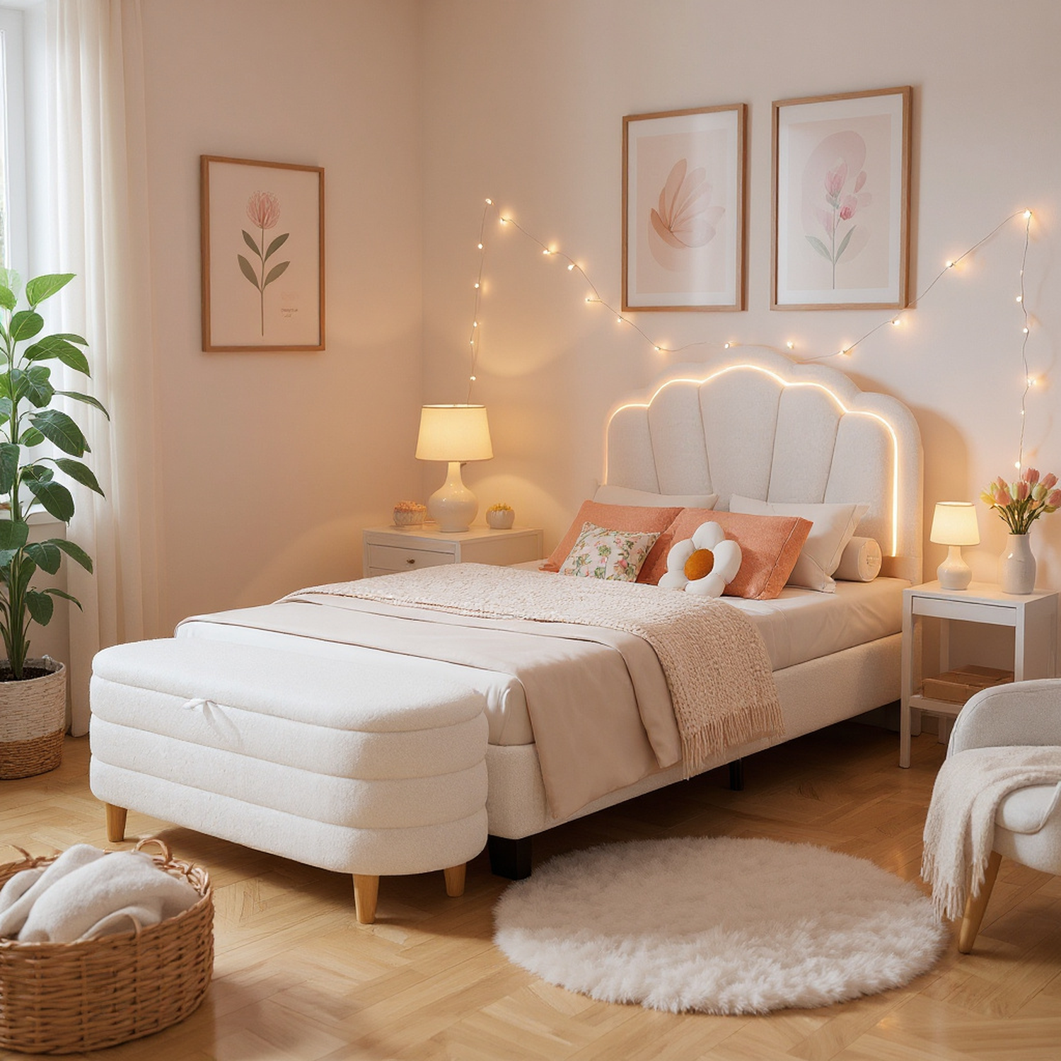 Selma Upholstered Platform Bed with Storage Ottoman Bench, White
