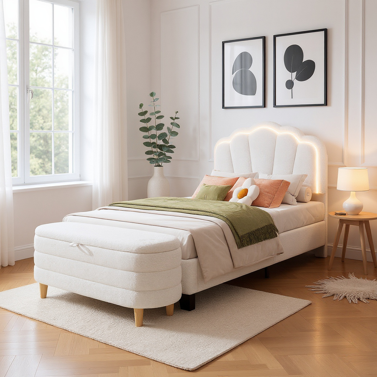 Selma Upholstered Platform Bed with Storage Ottoman Bench, White