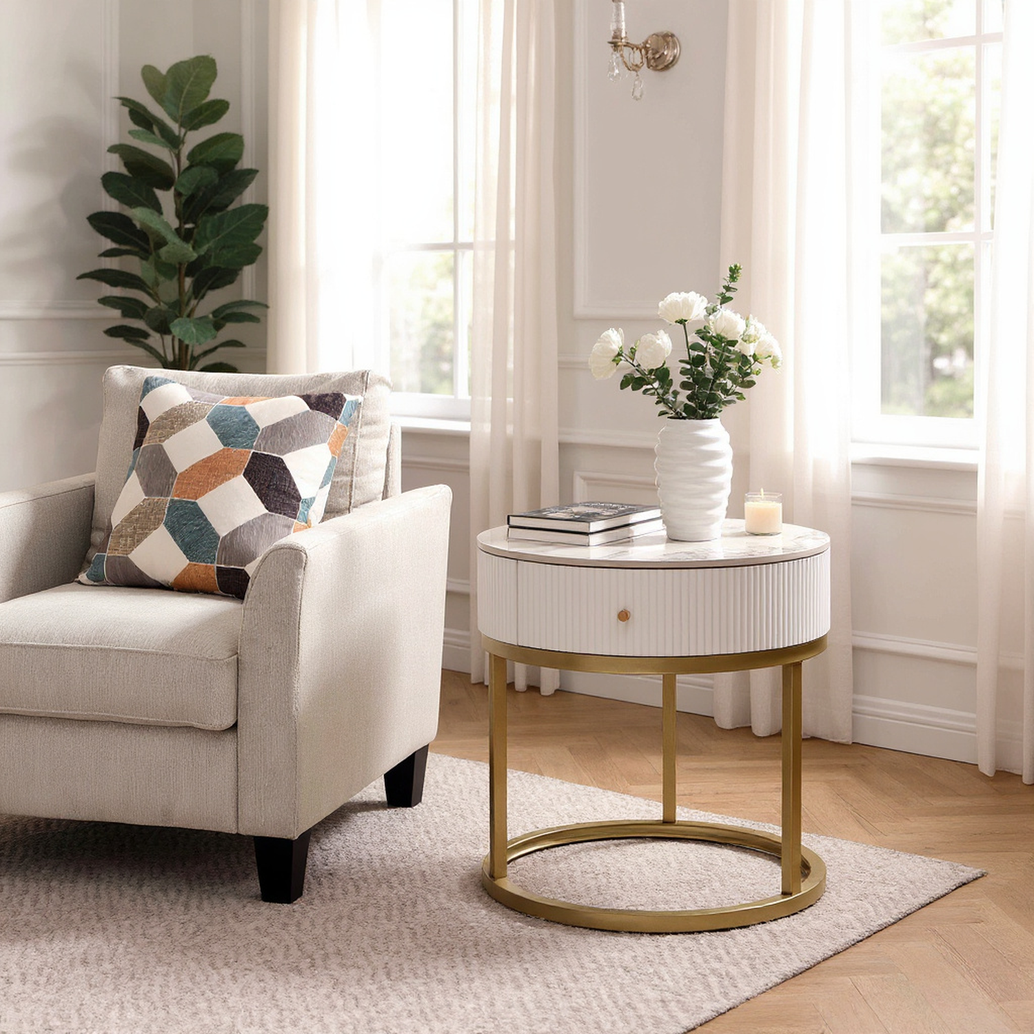 Serene Modern Marble Round End Table with Storage