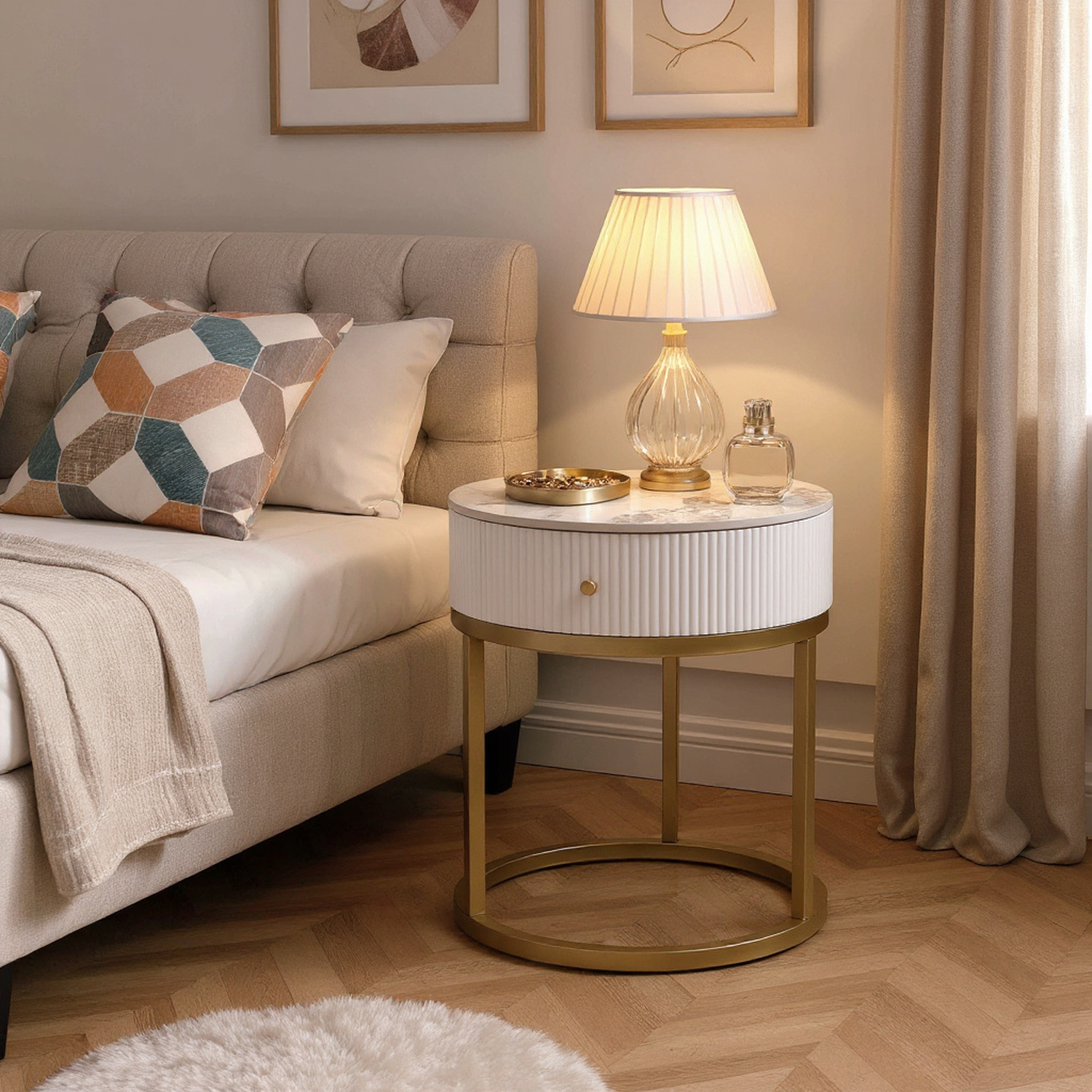 Serene Modern Marble Round End Table with Storage