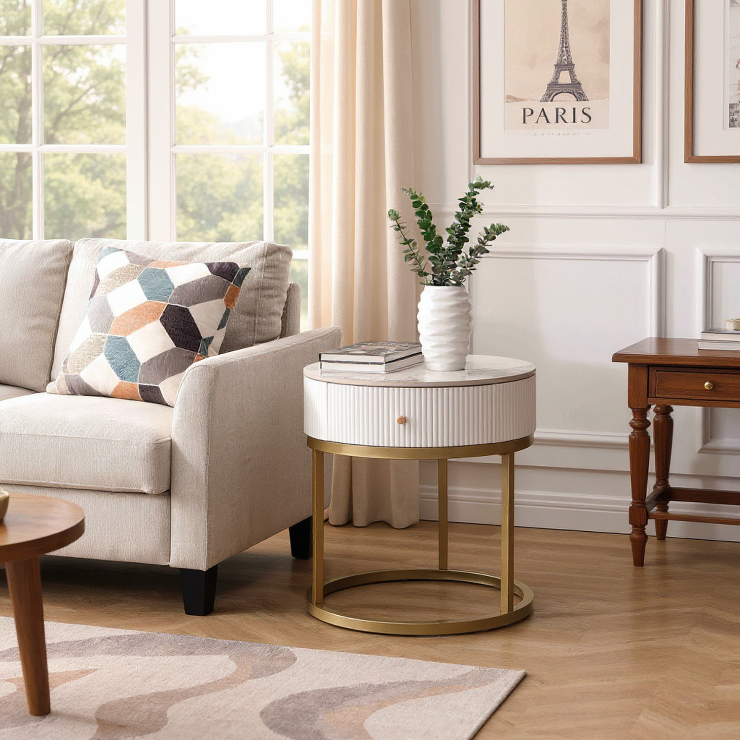 Serene Modern Marble Round End Table with Storage